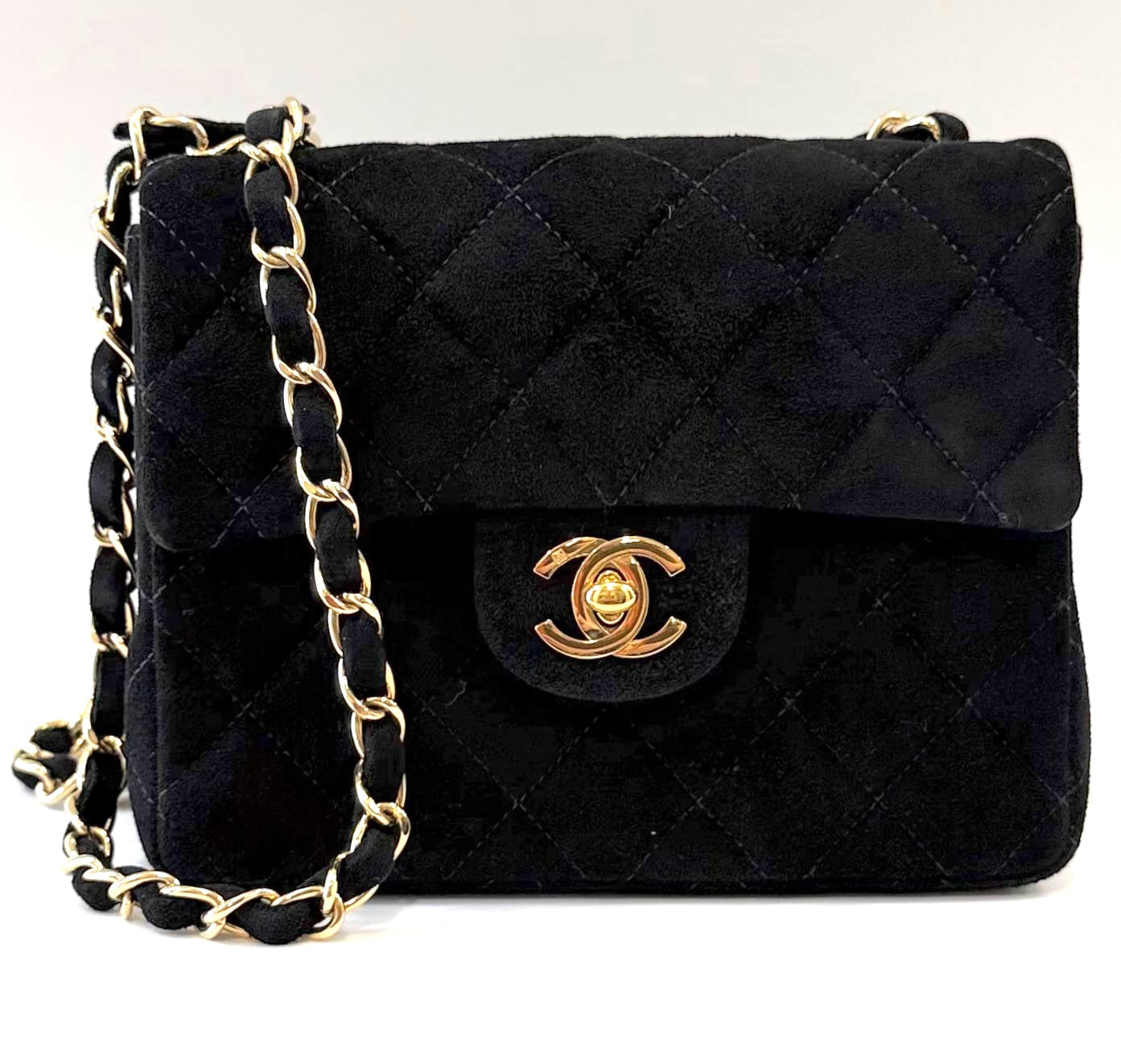CHANEL QUILTED SUEDE SQUARE CLASSIC VINTAGE SINGLE FLAP BAG