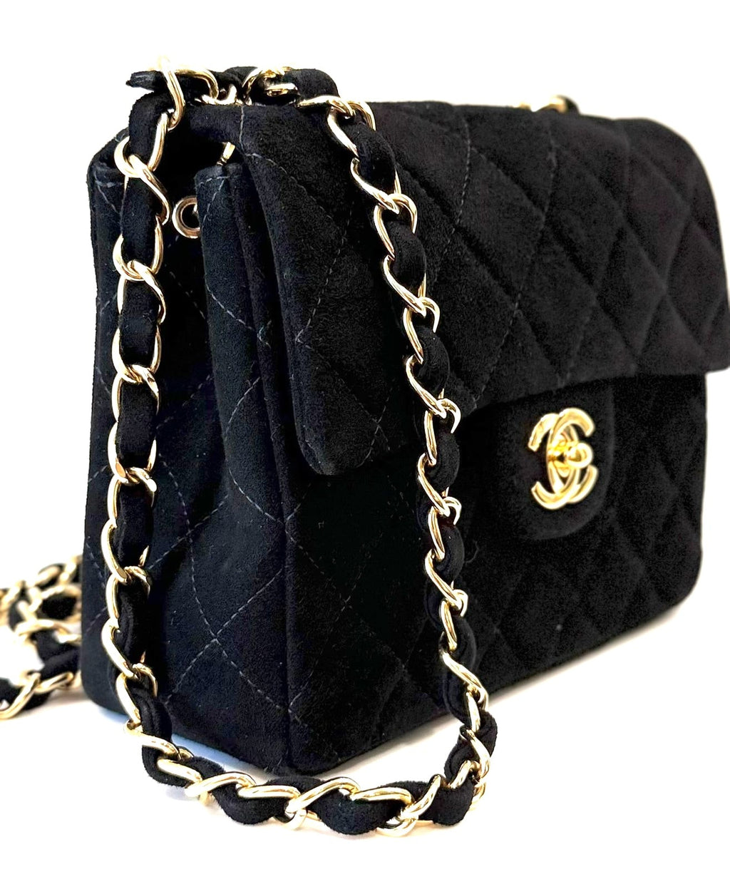 CHANEL QUILTED SUEDE SQUARE CLASSIC VINTAGE SINGLE FLAP BAG