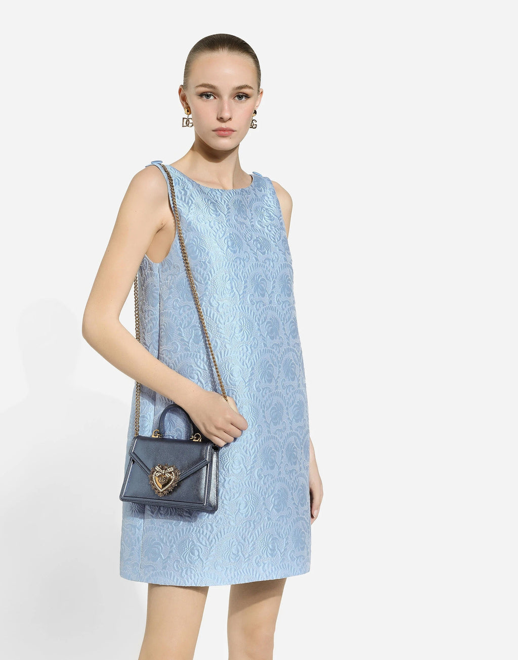 DOLCE & GABBANA LAMINATED CALFSKIN DEVOTION RHINESTONE CHAIN BAG