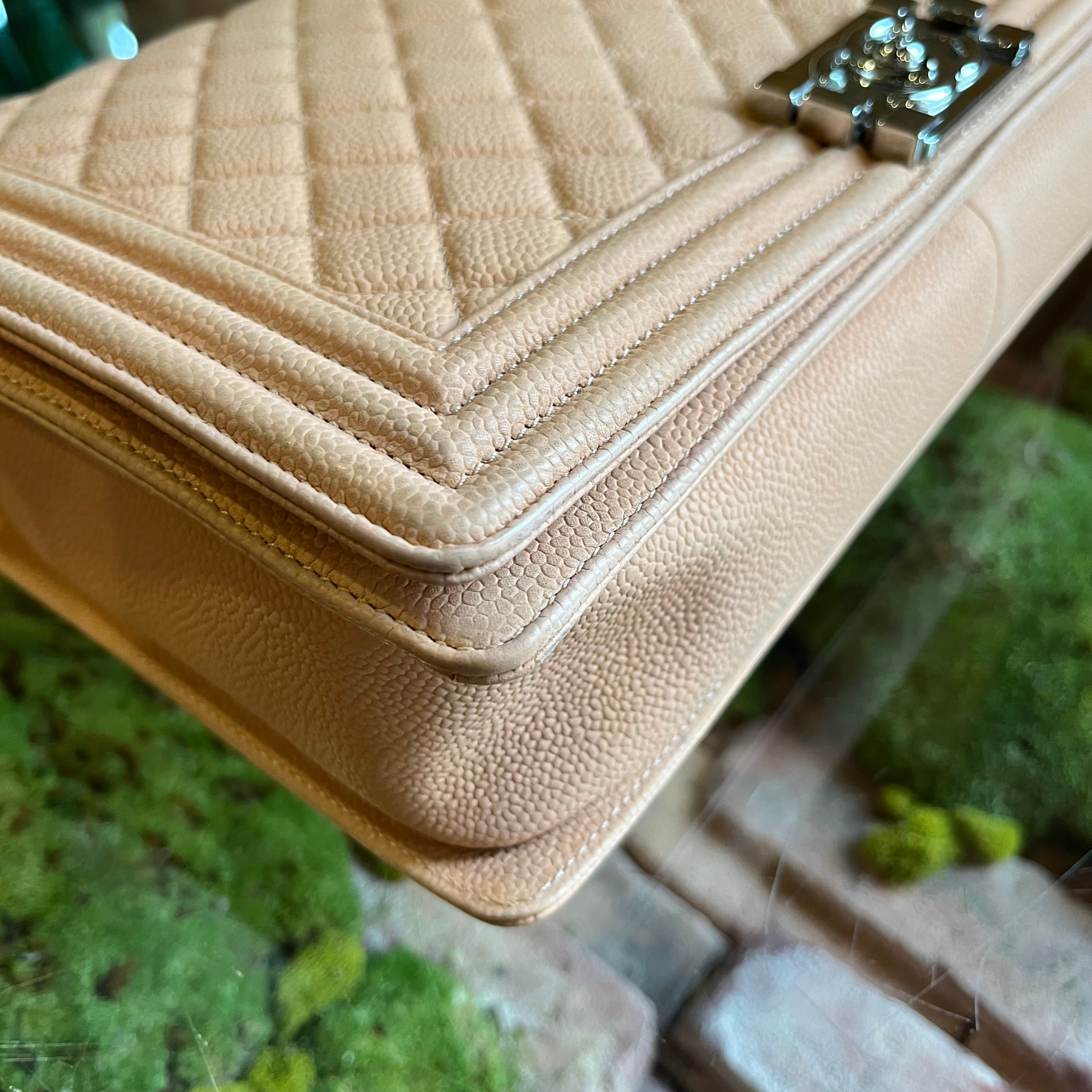 CHANEL Large Boy Bag Peach Quilted Matte Caviar Leather Shoulder Bag