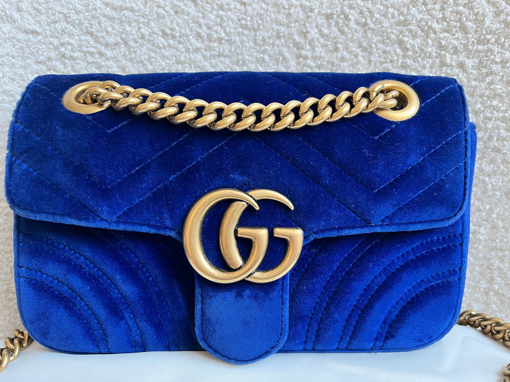 Gucci GG Blue Mini Velvet Marmont Mini Shoulder Bag