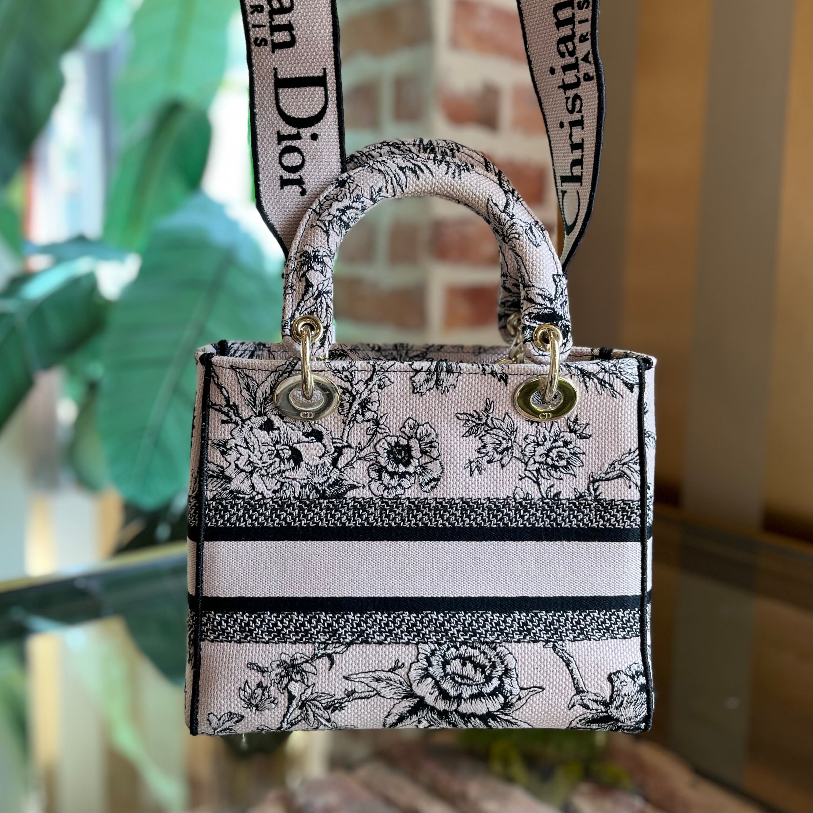 DIOR Lady D-Lite Medium Pink Canvas Embroidered Jardin Botanique Tote