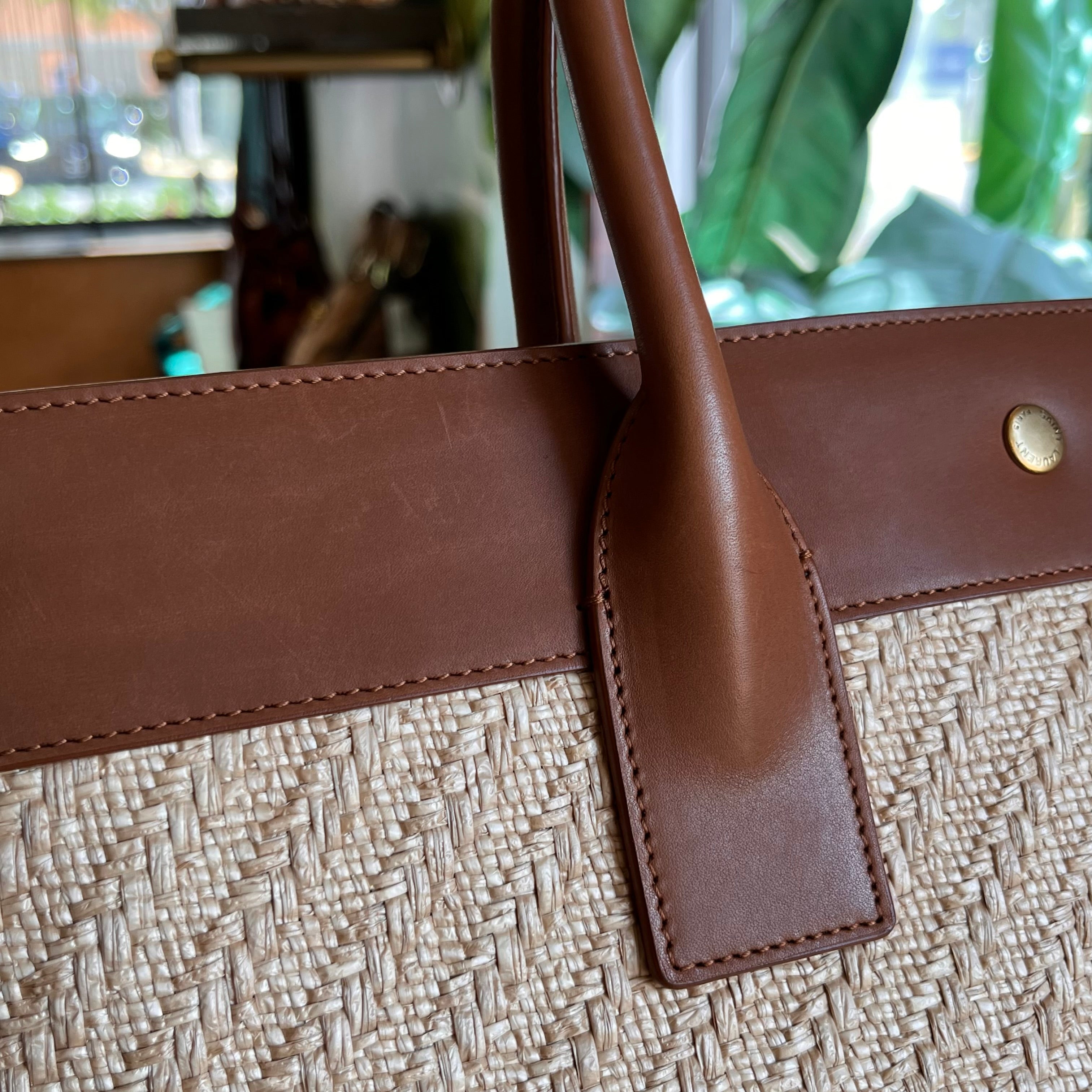 SAINT LAURENT Rive Gauche Raffia Linen Calfskin Tote