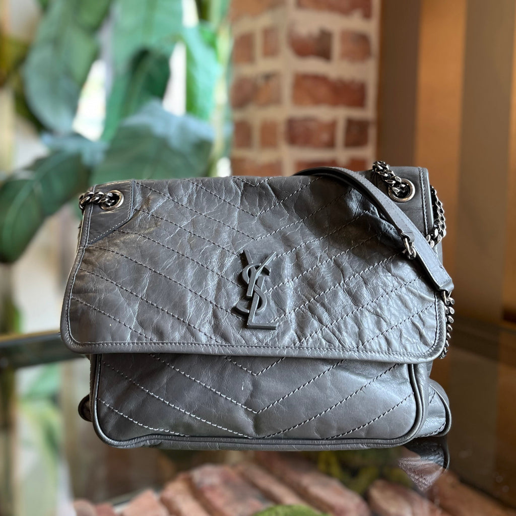 SAINT LAURENT Medium Niki Grey Quilted Crinkled Leather Shoulder Bag