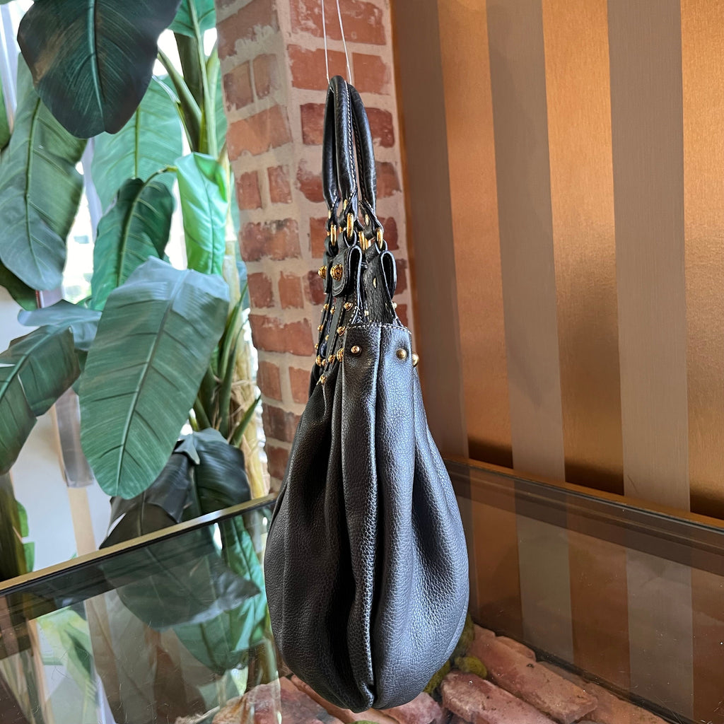 GUCCI Studded Pelham Black Leather Shoulder Bag