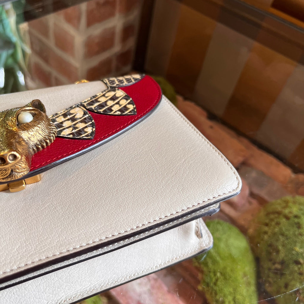 GUCCI White Red Goatskin Snakeskin Fox Broche Shoulder Bag