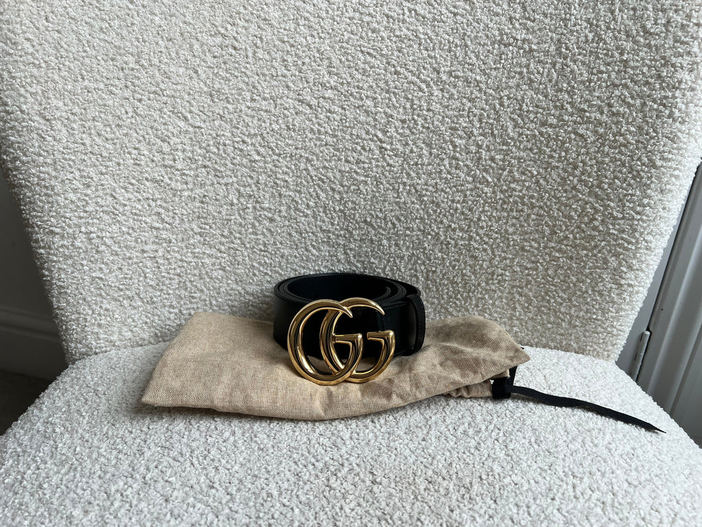 Gucci GG Marmont Black Wide Leather Belt with Shiny Gold Buckle (RRP £410)
