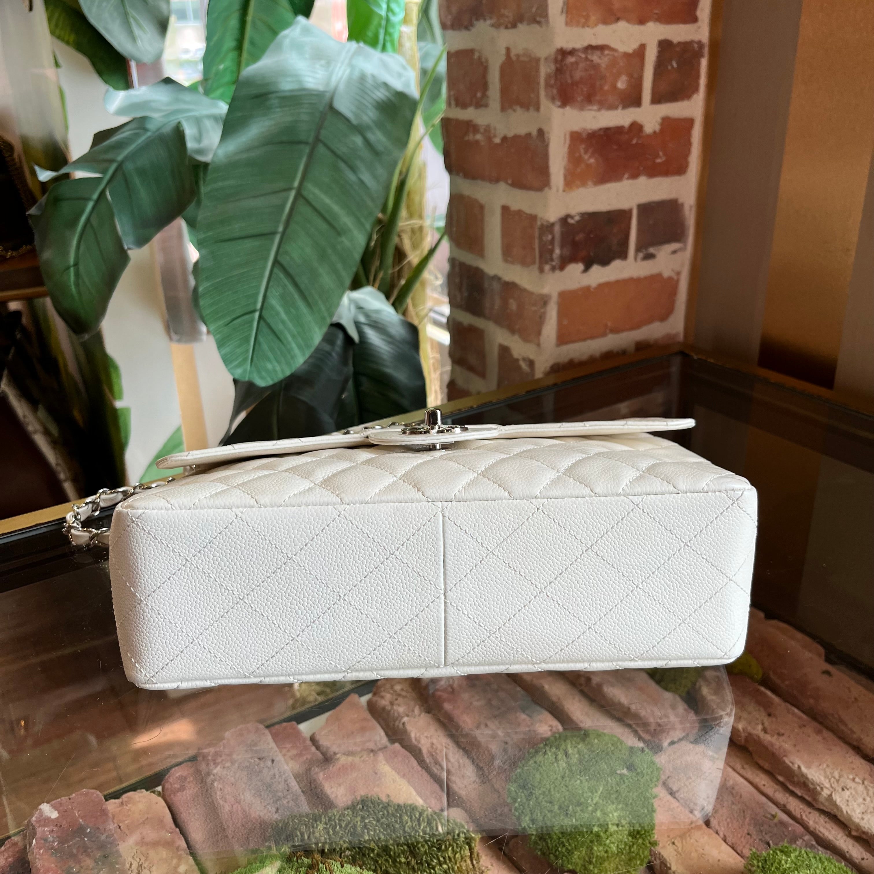 CHANEL White Caviar Jumbo Single Flap Shoulder Bag