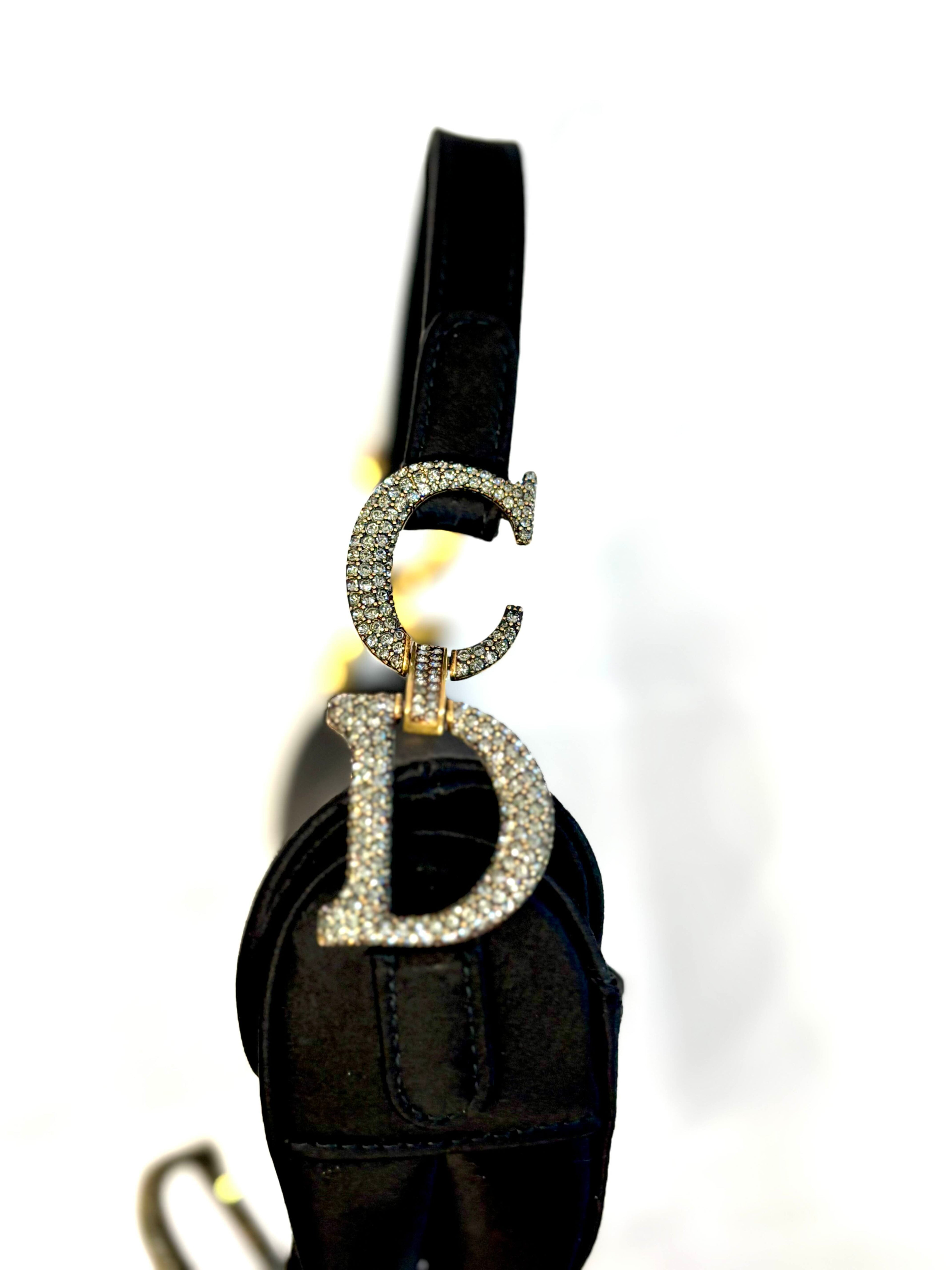 DIOR SATIN BLACK CRYSTAL ENCRUSTED CD SADDLE BAG