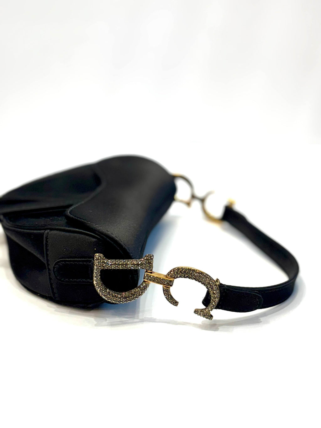 DIOR SATIN BLACK CRYSTAL ENCRUSTED CD SADDLE BAG