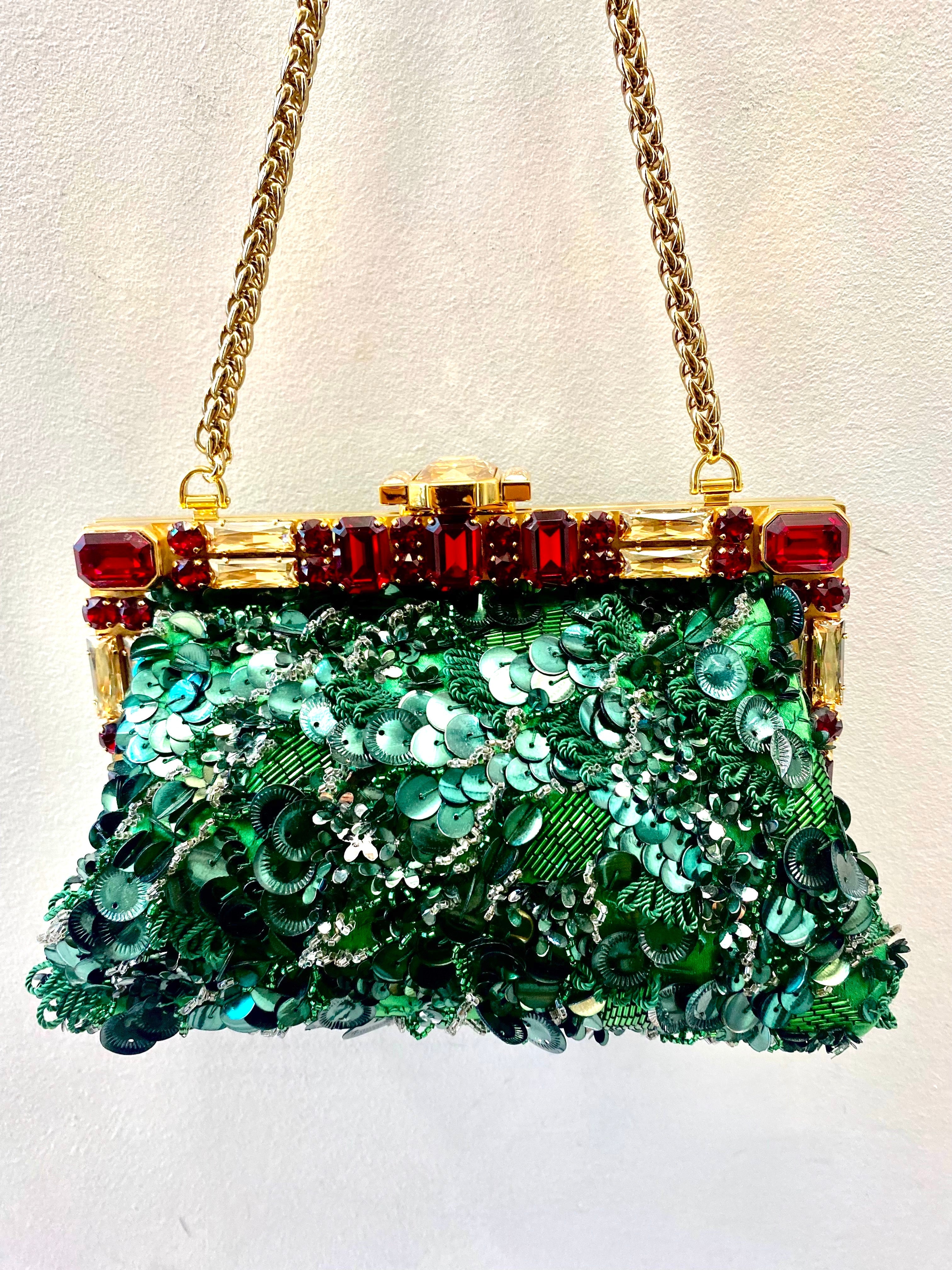 DOLCE & GABBANA BAROQUE SEQUIN CRYSTALS BAG IN GREEN