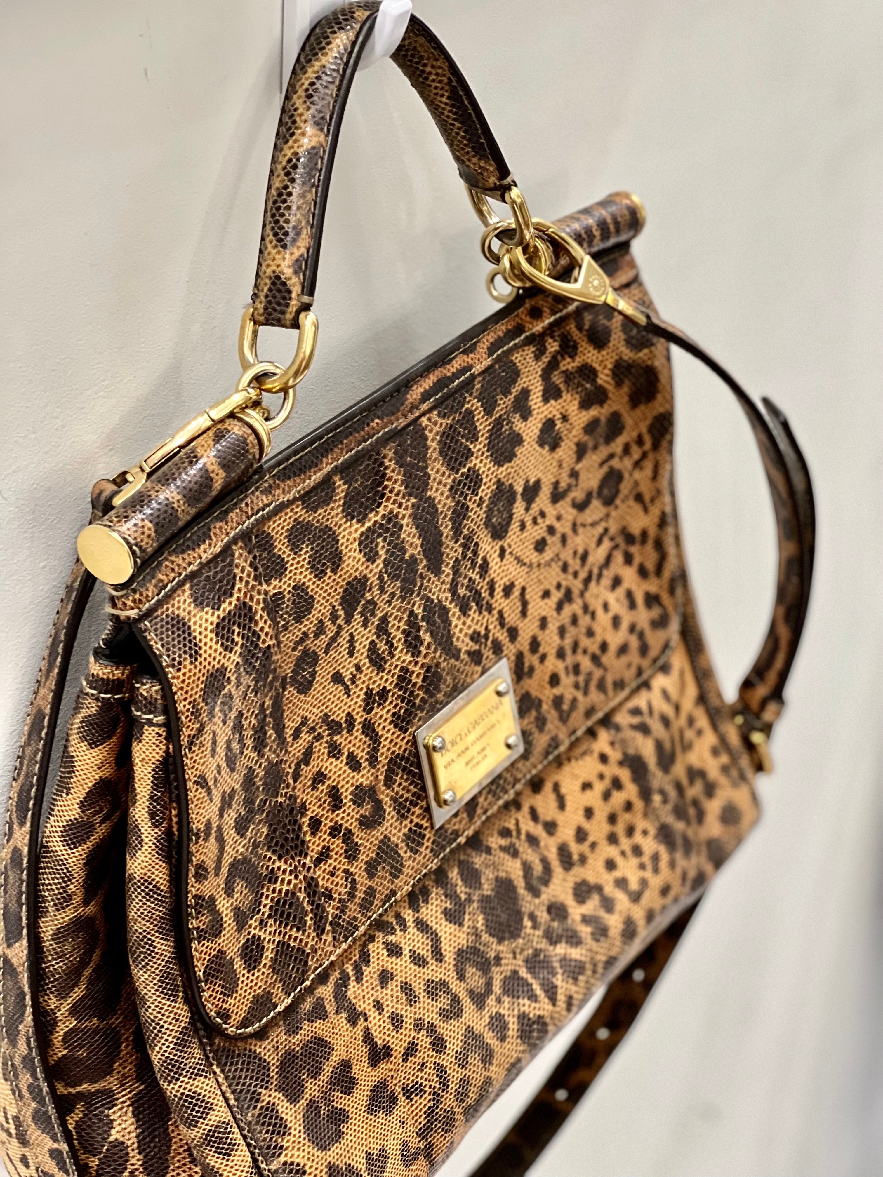 DOLCE & GABBANA CALFSKIN EMBOSSED LEOPARD PRINT MISS SICILY SHOPPER TOTE BAG