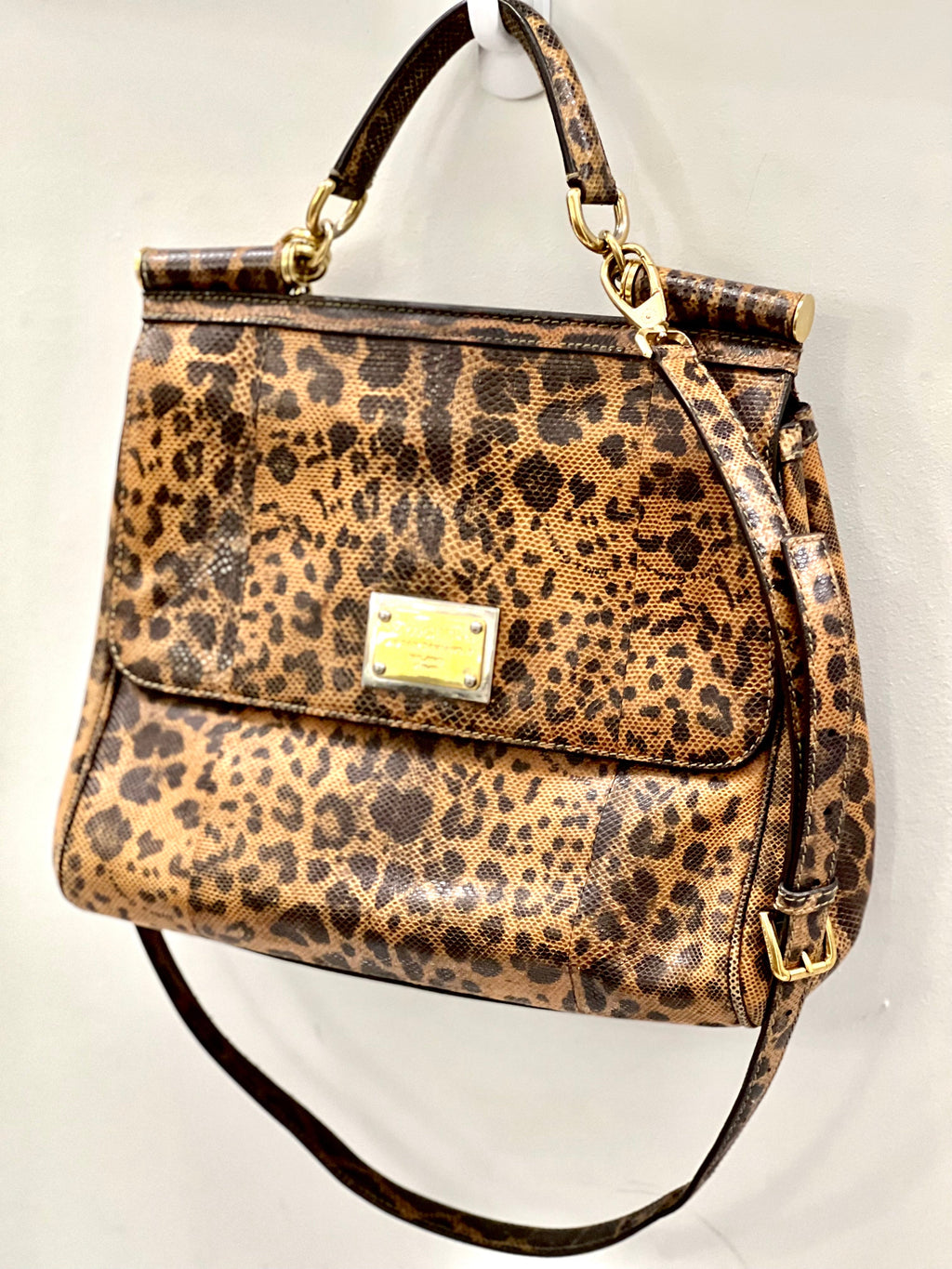 DOLCE & GABBANA CALFSKIN EMBOSSED LEOPARD PRINT MISS SICILY SHOPPER TOTE BAG