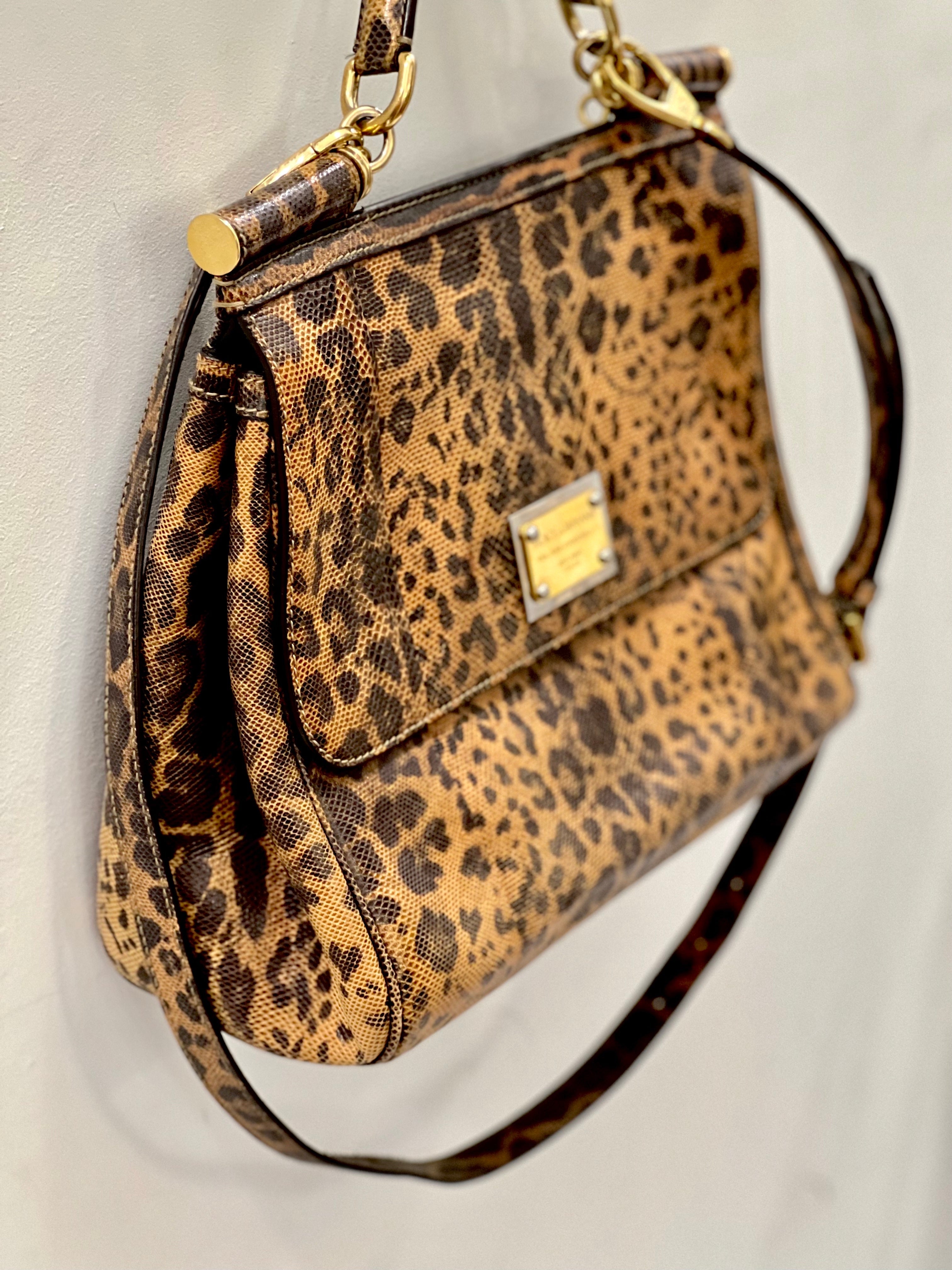 DOLCE & GABBANA CALFSKIN EMBOSSED LEOPARD PRINT MISS SICILY SHOPPER TOTE BAG