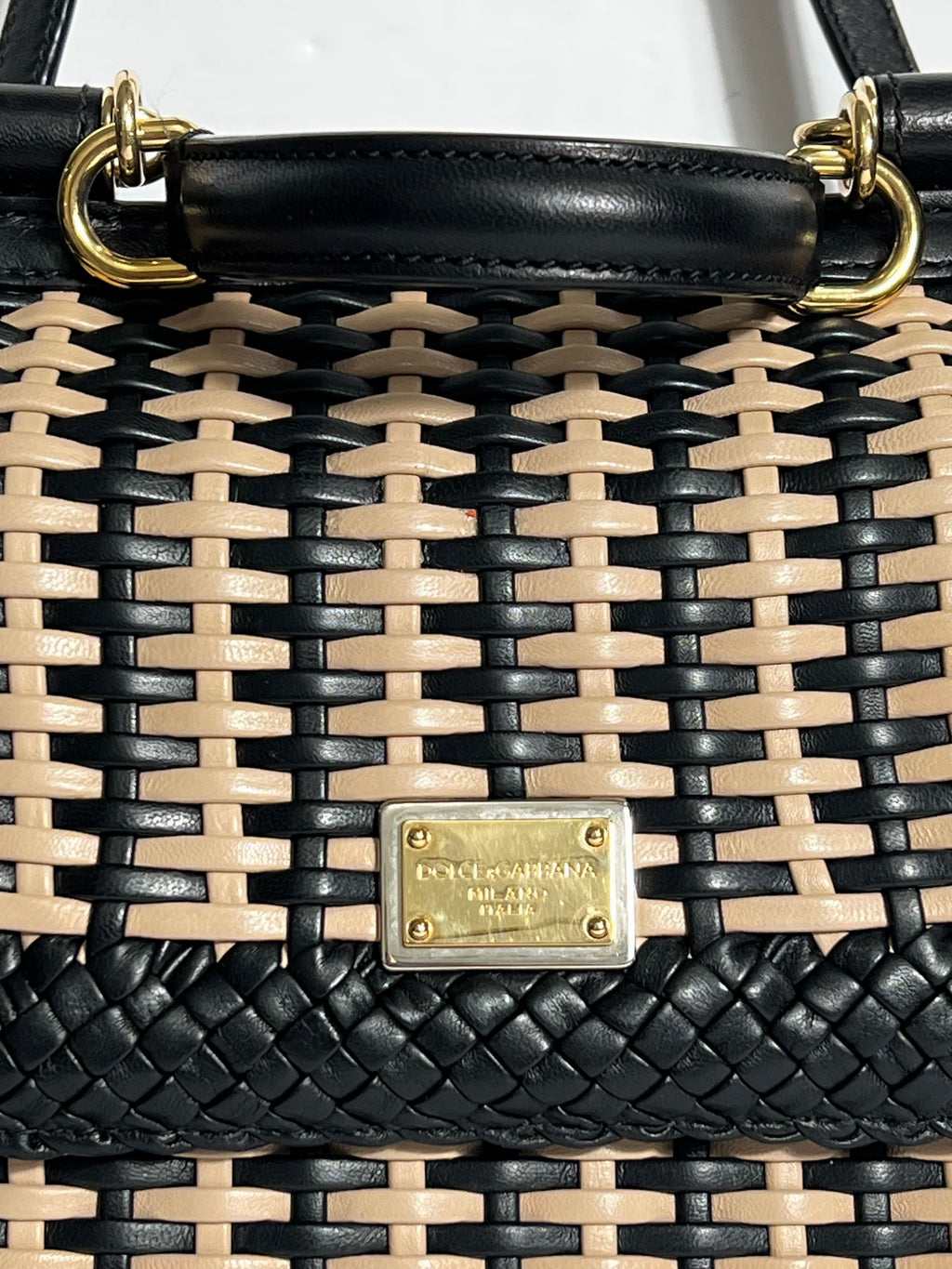 DOLCE & GABBANA SICILY WOVEN LEATHER SMALL TOP HANDLE BAG