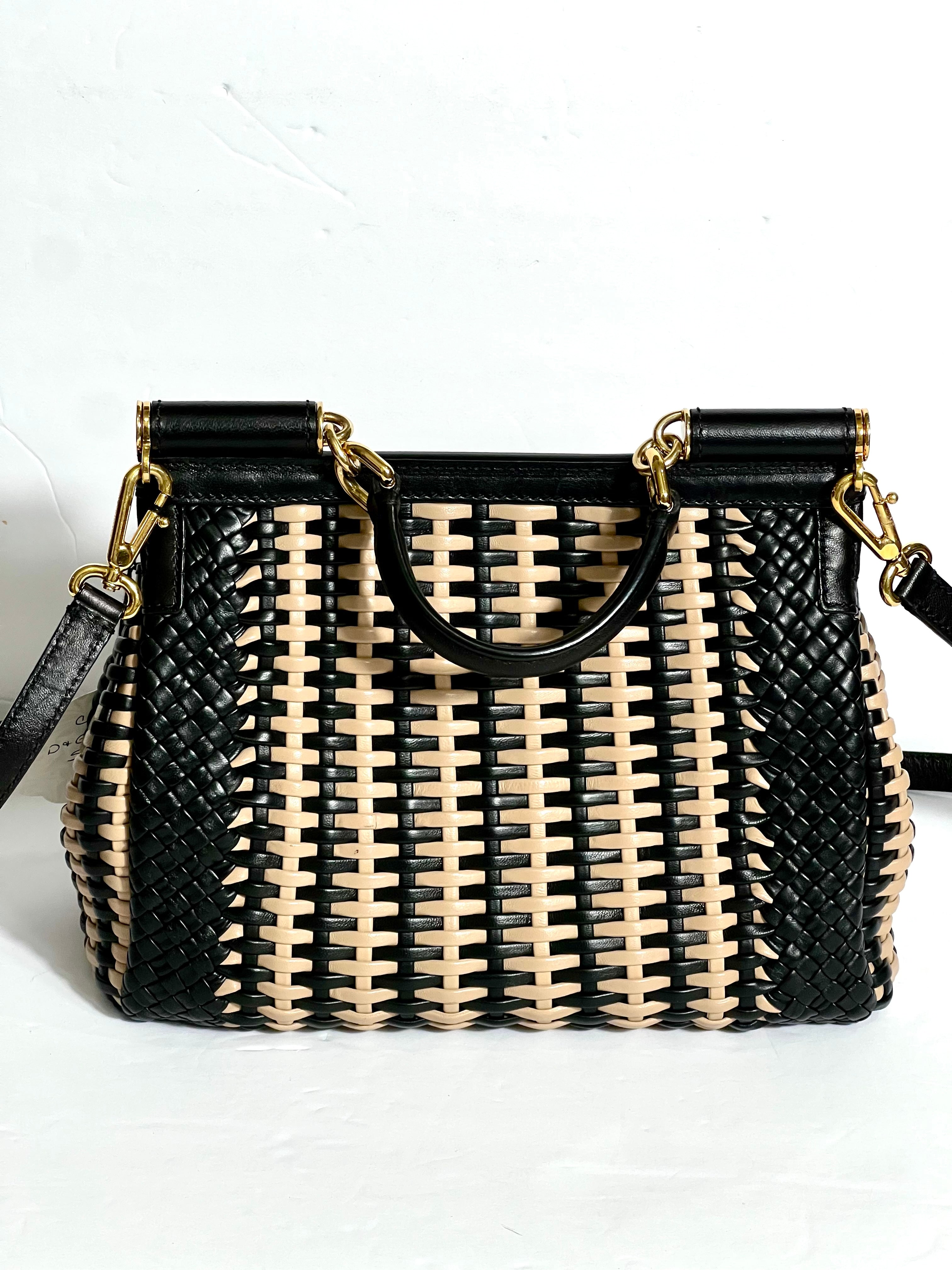 DOLCE & GABBANA SICILY WOVEN LEATHER SMALL TOP HANDLE BAG