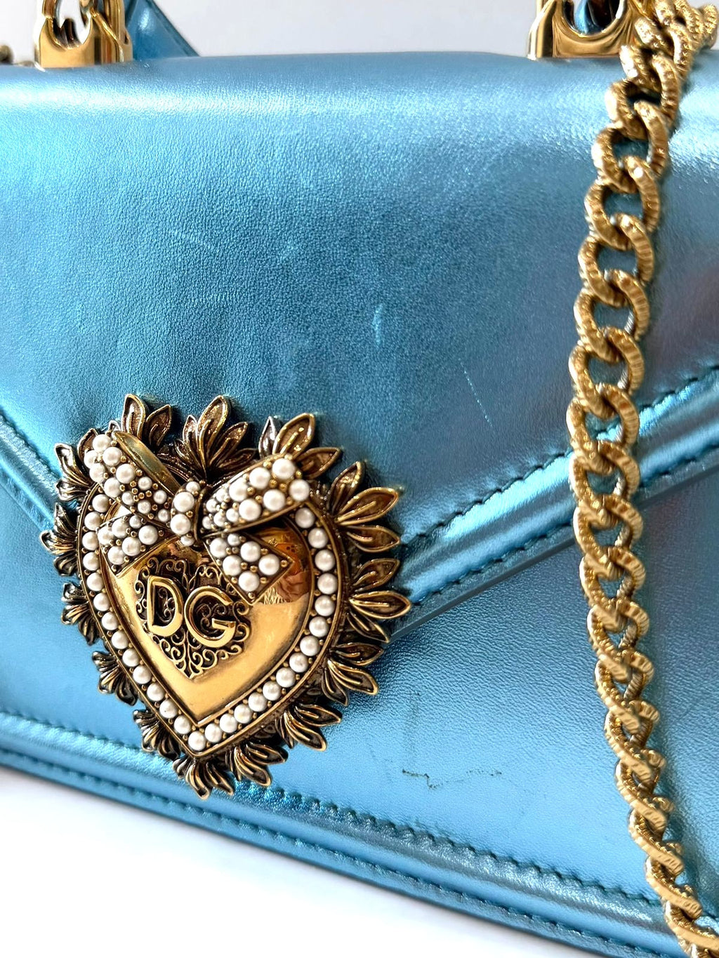 DOLCE & GABBANA LAMINATED CALFSKIN DEVOTION RHINESTONE CHAIN BAG