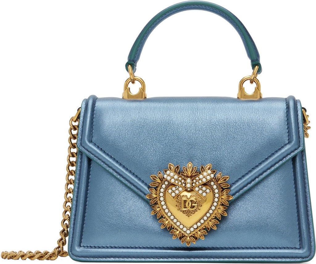 DOLCE & GABBANA LAMINATED CALFSKIN DEVOTION RHINESTONE CHAIN BAG