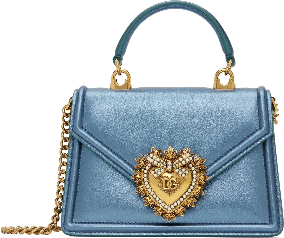 DOLCE & GABBANA LAMINATED CALFSKIN DEVOTION RHINESTONE CHAIN BAG
