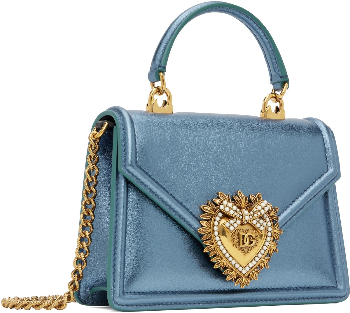 DOLCE & GABBANA LAMINATED CALFSKIN DEVOTION RHINESTONE CHAIN BAG