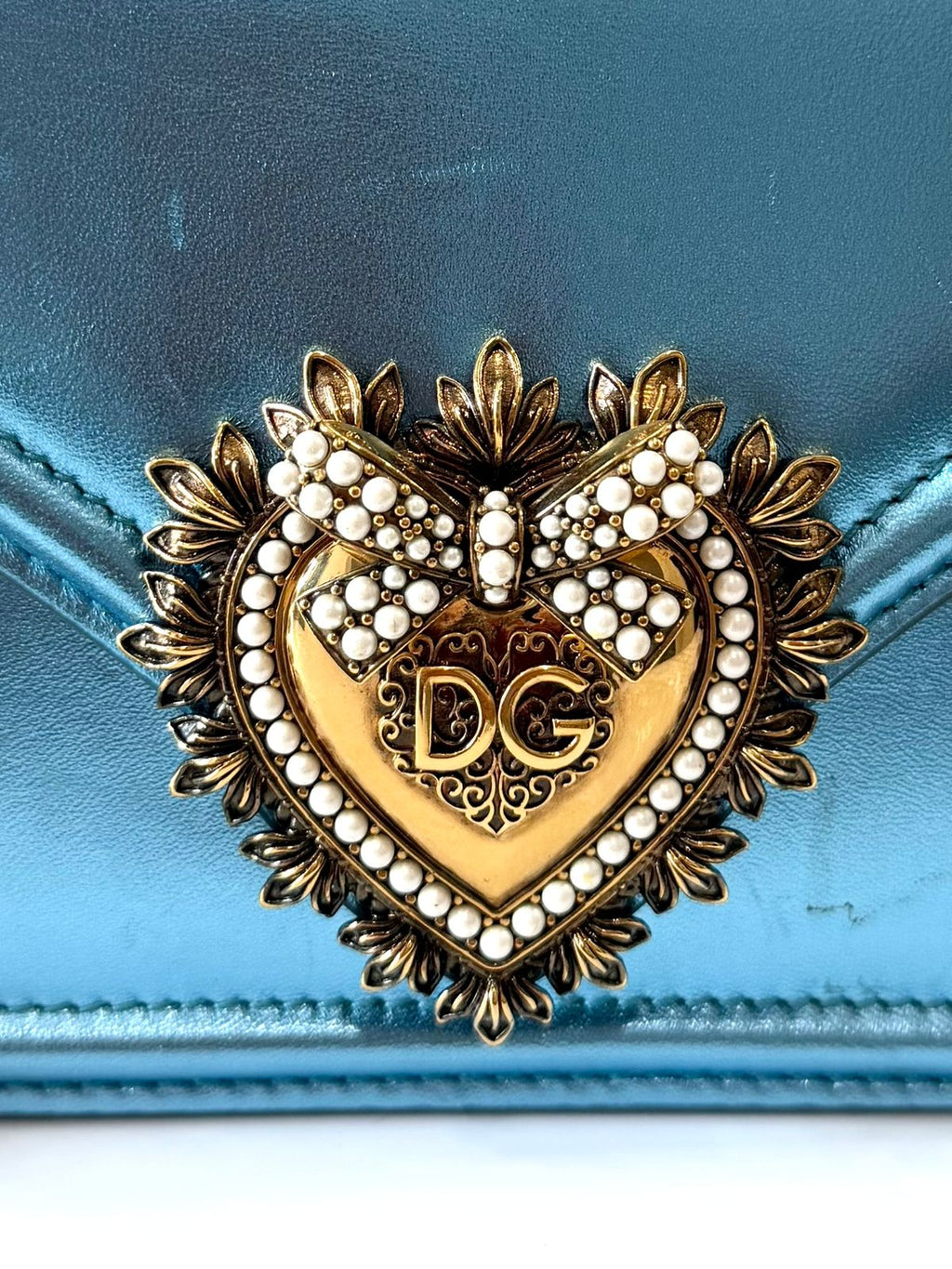 DOLCE & GABBANA LAMINATED CALFSKIN DEVOTION RHINESTONE CHAIN BAG