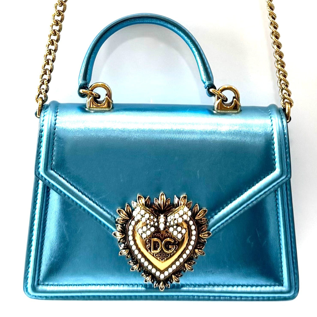 DOLCE & GABBANA LAMINATED CALFSKIN DEVOTION RHINESTONE CHAIN BAG