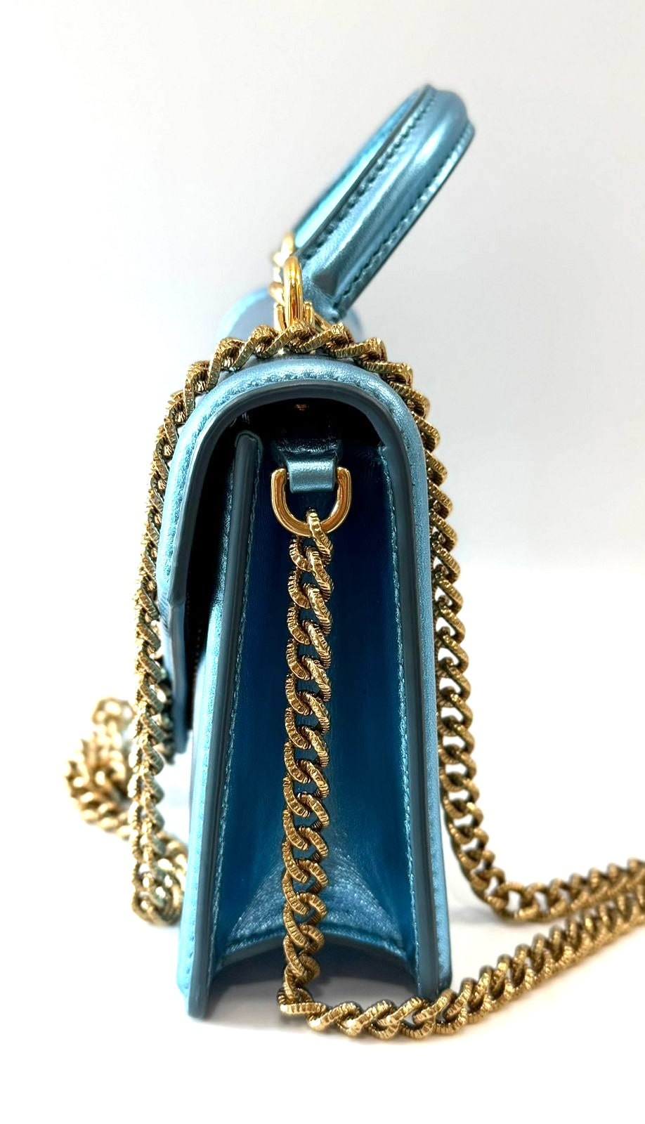 DOLCE & GABBANA LAMINATED CALFSKIN DEVOTION RHINESTONE CHAIN BAG