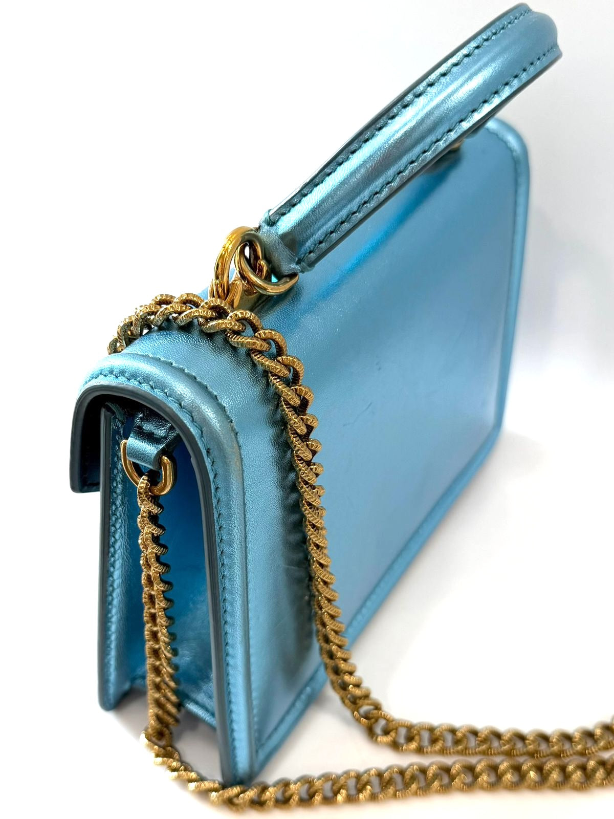 DOLCE & GABBANA LAMINATED CALFSKIN DEVOTION RHINESTONE CHAIN BAG