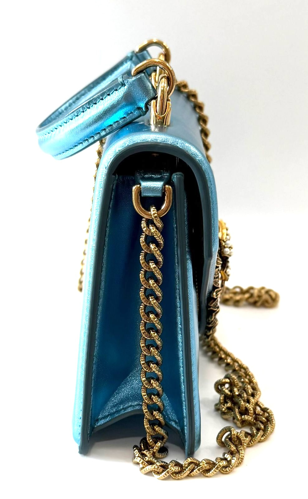 DOLCE & GABBANA LAMINATED CALFSKIN DEVOTION RHINESTONE CHAIN BAG