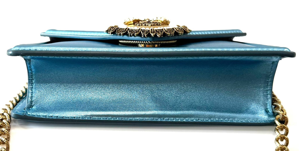 DOLCE & GABBANA LAMINATED CALFSKIN DEVOTION RHINESTONE CHAIN BAG