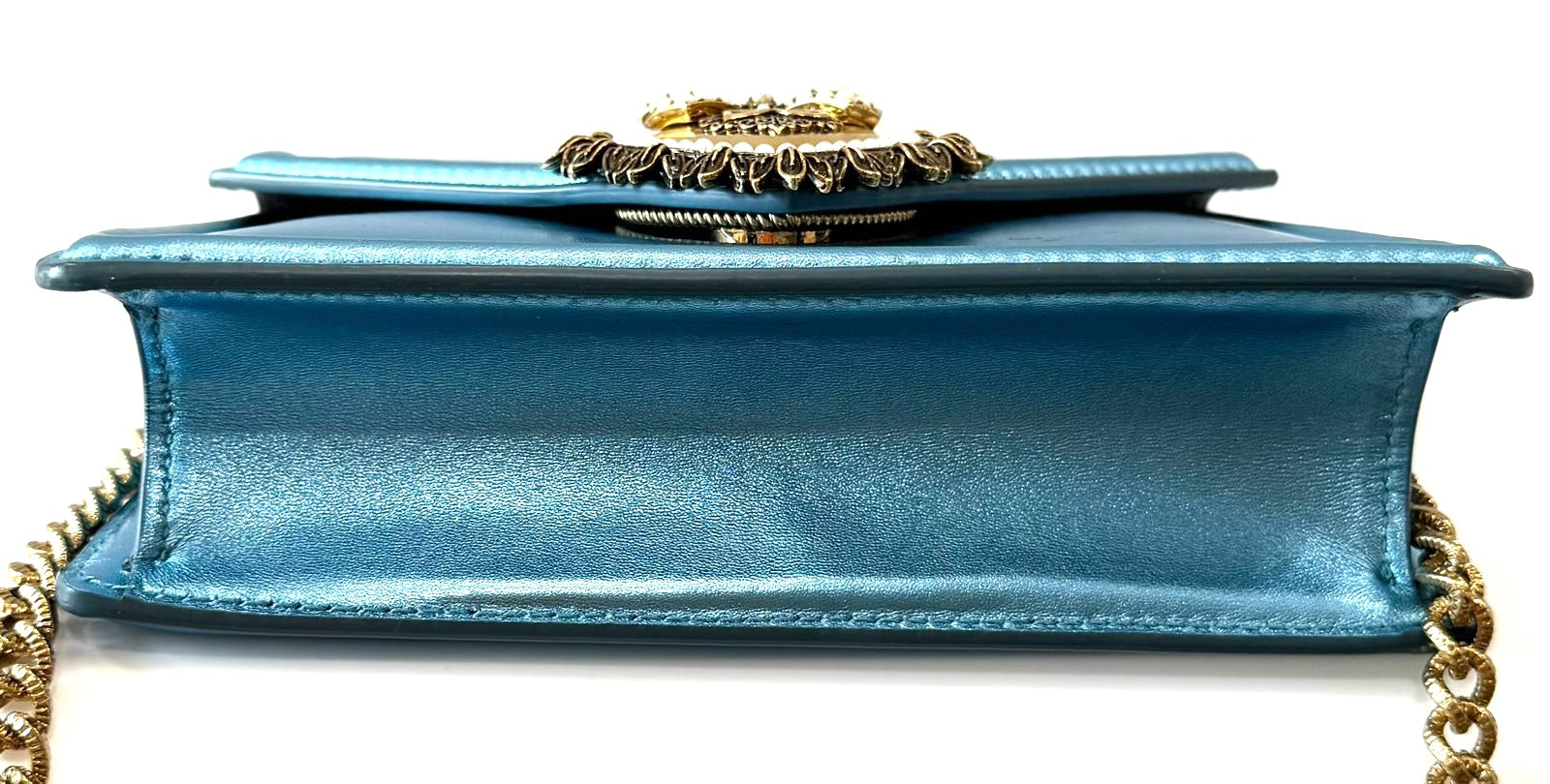 DOLCE & GABBANA LAMINATED CALFSKIN DEVOTION RHINESTONE CHAIN BAG