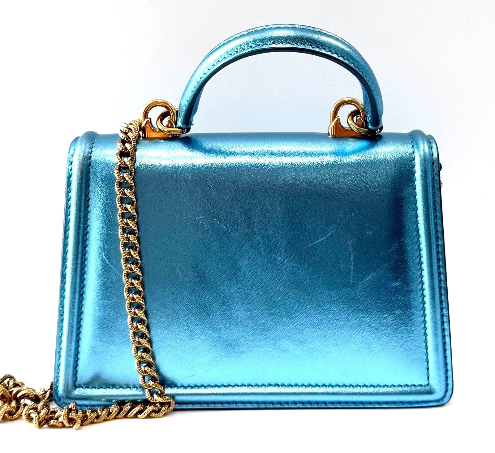 DOLCE & GABBANA LAMINATED CALFSKIN DEVOTION RHINESTONE CHAIN BAG
