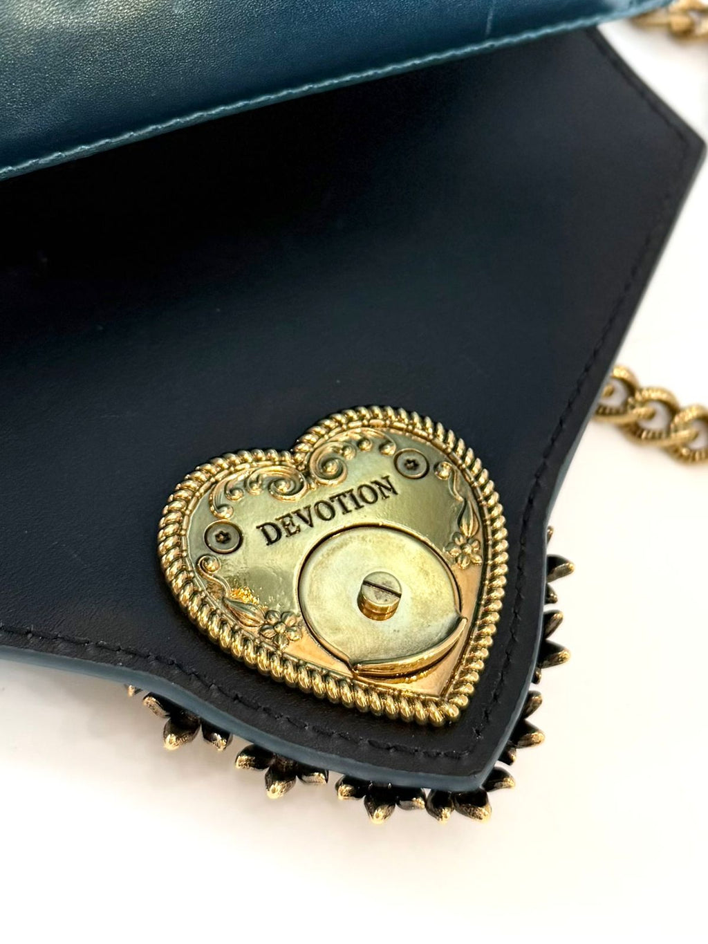 DOLCE & GABBANA LAMINATED CALFSKIN DEVOTION RHINESTONE CHAIN BAG
