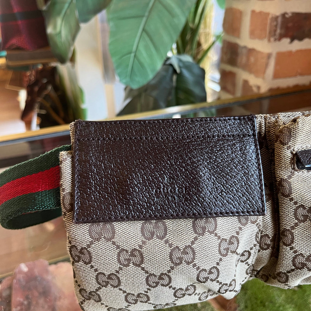 GUCCI Beige Brown GG Web Canvas Double Pocket Belt Bag