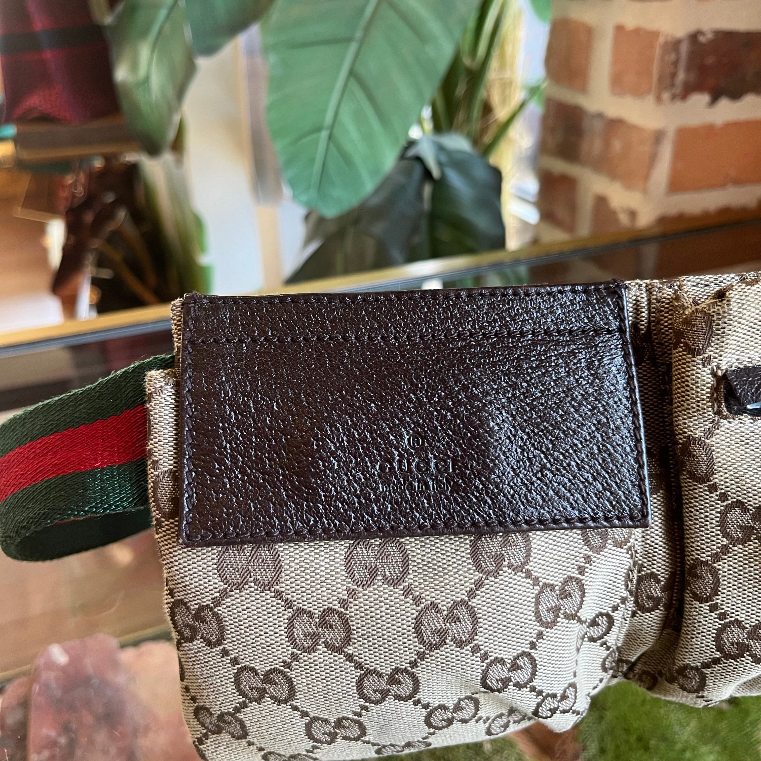 GUCCI Beige Brown GG Web Canvas Double Pocket Belt Bag