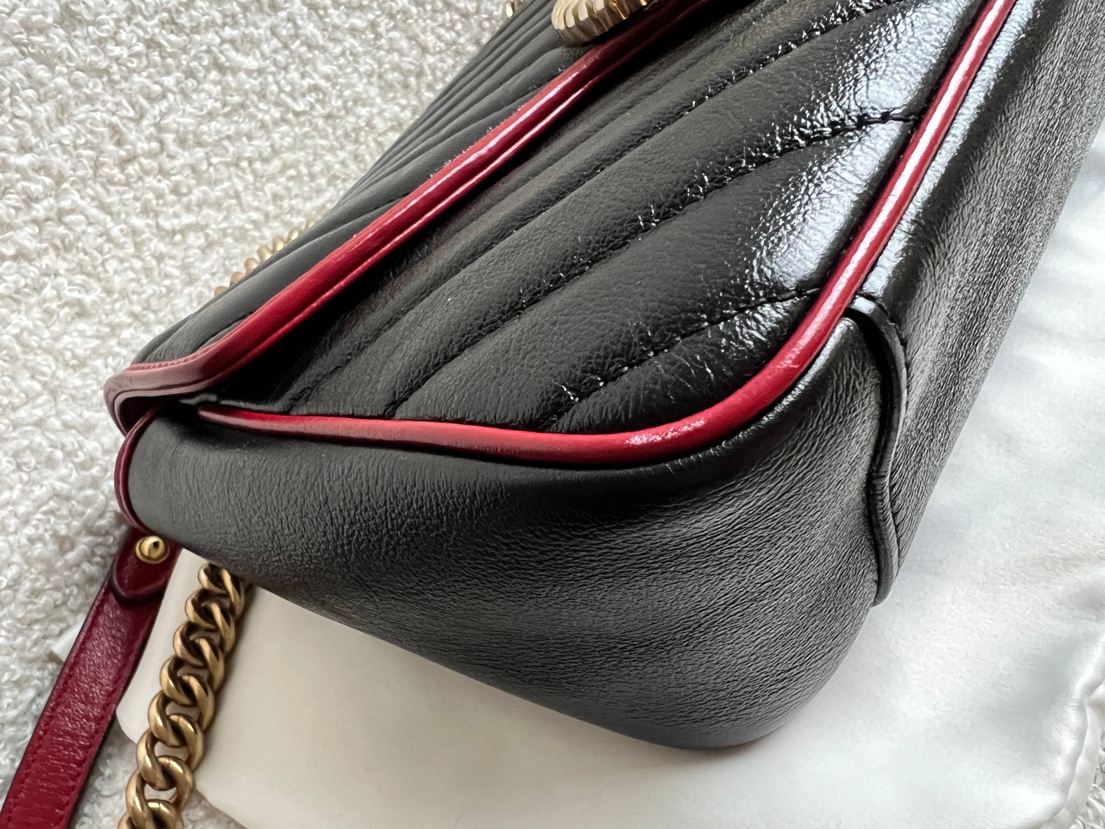 Gucci GG Black and Red Torchon Marmont Small Shoulder Bag