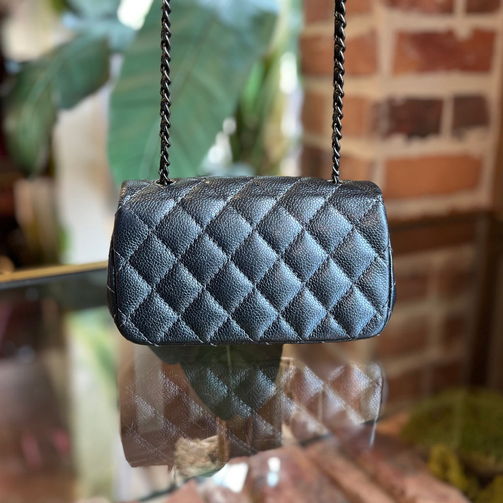 CHANEL Extra Mini Flap Metallic Blue Caviar Leather Rectangle Shoulder Bag