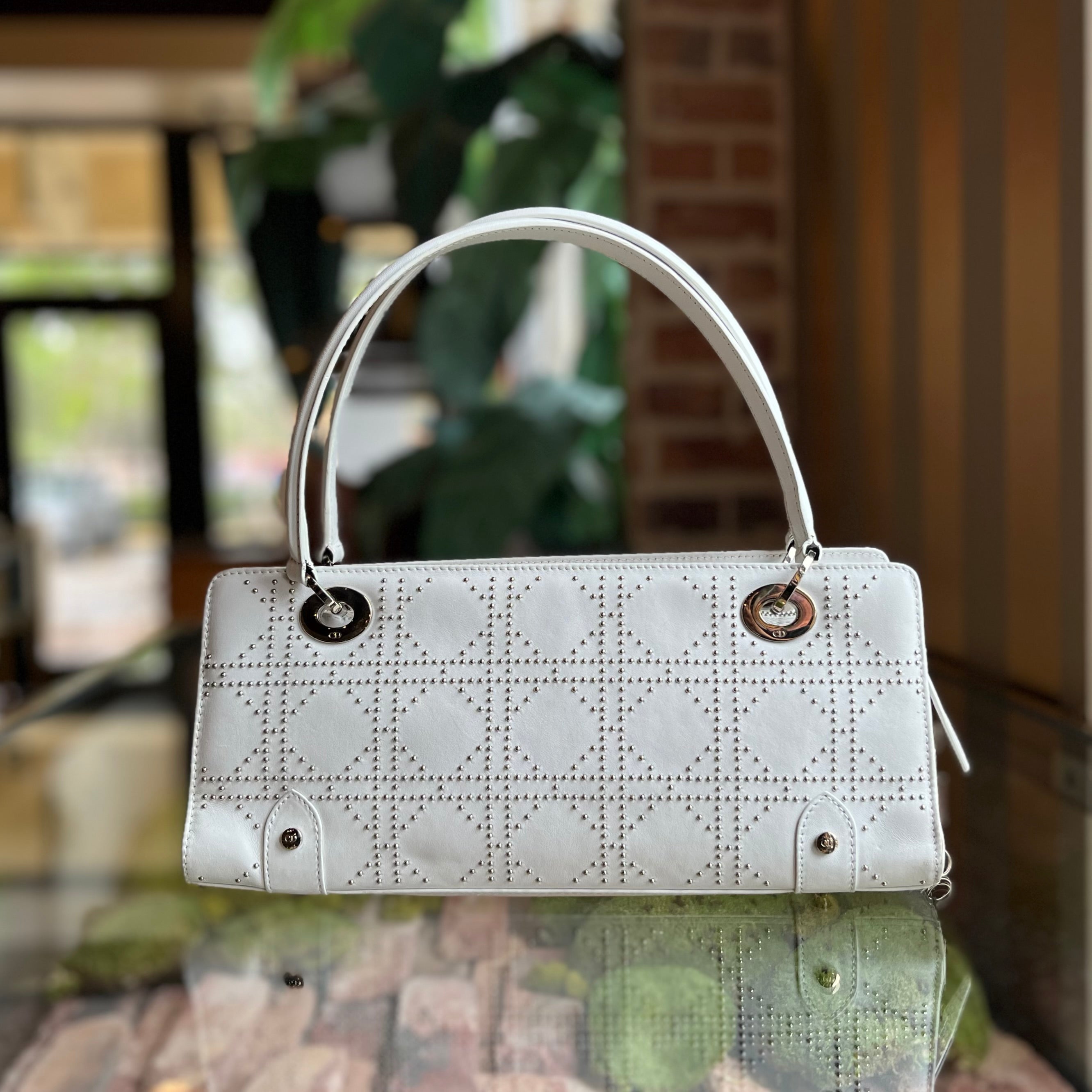 DIOR Lady Dior East West White Calfskin Leather Studded Tote Bag