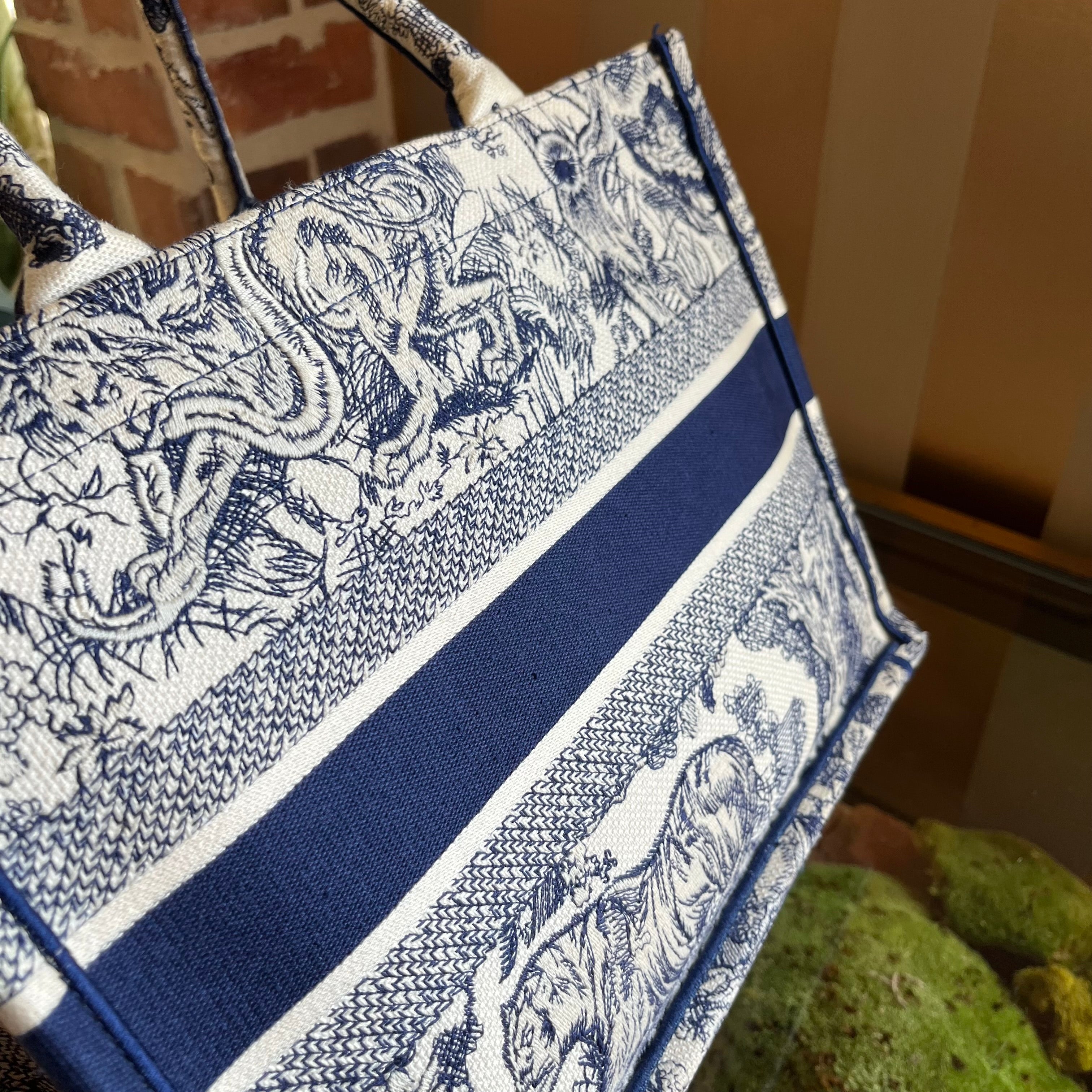 DIOR Medium Book Ecru and Blue Toile de Jouy Embroidered Tote