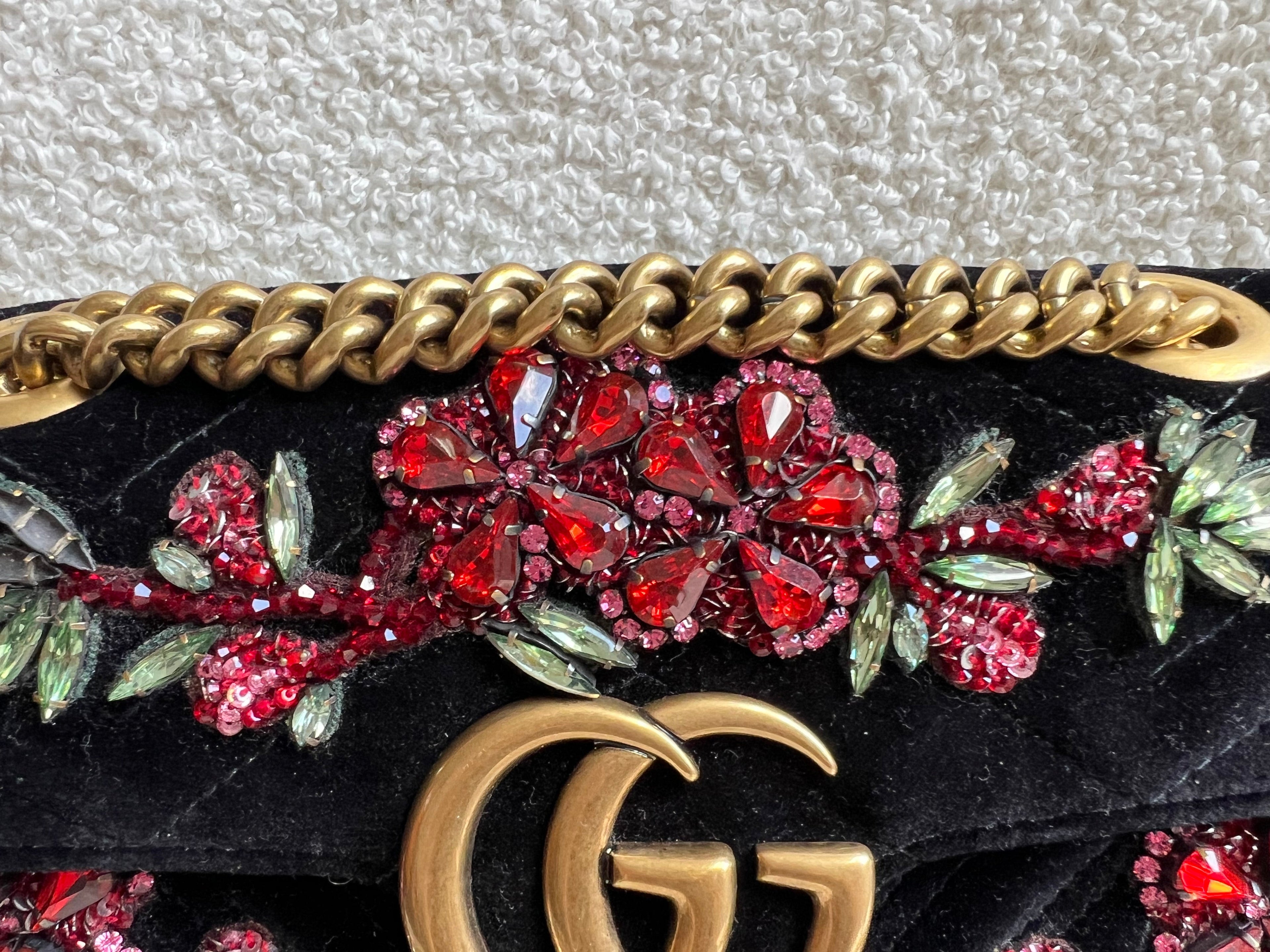 Gucci GG Black Velvet Embellished Marmont Mini Shoulder Bag