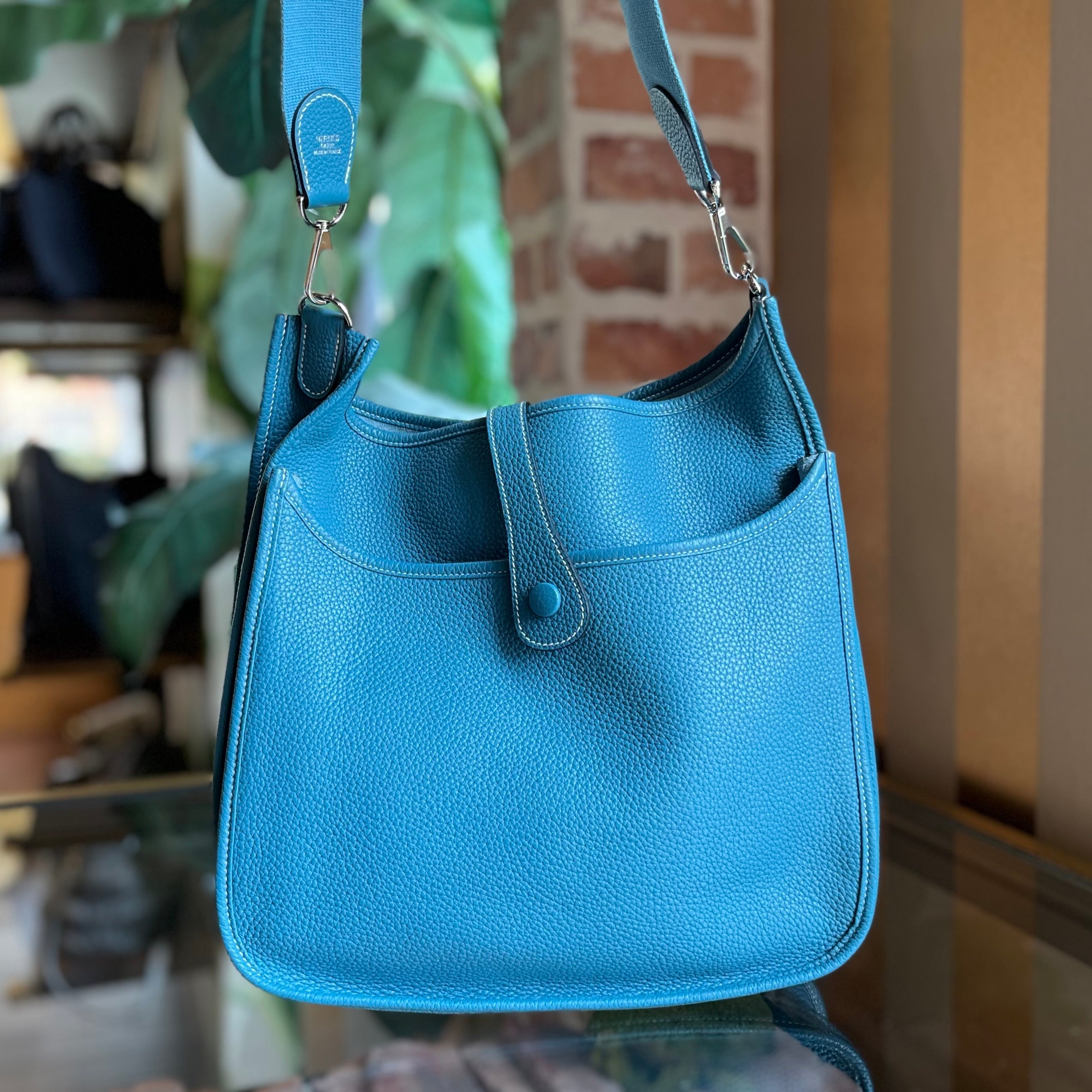HERMES Evelyne PM III Blue Jean Clemence Leather Crossbody Bag