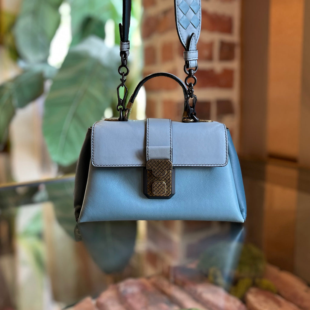 BOTTEGA VENETA Small Piazza Blue Nappa Leather Top Handle Bag