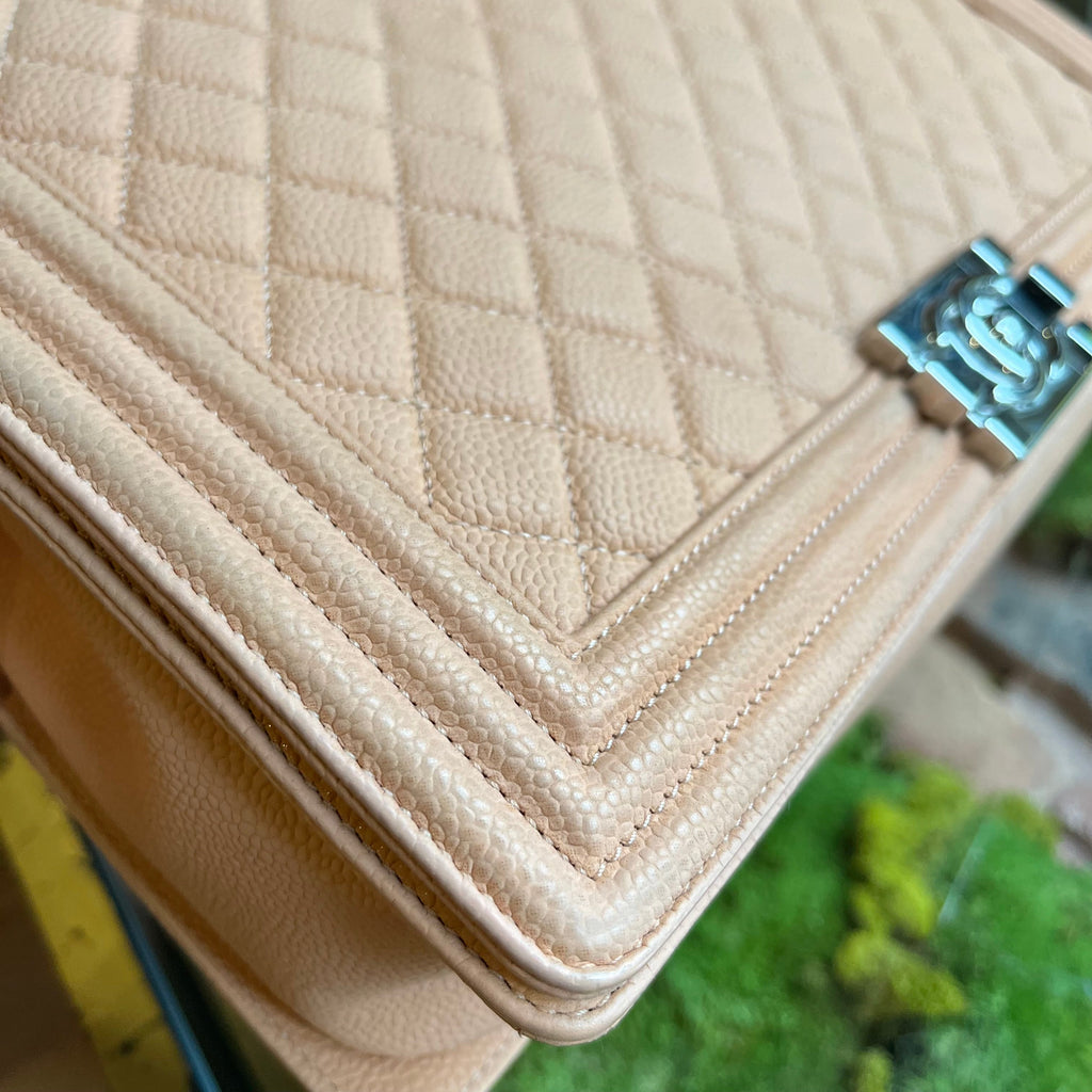 CHANEL Large Boy Bag Peach Quilted Matte Caviar Leather Shoulder Bag