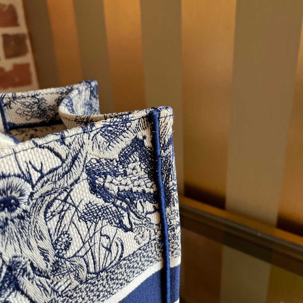 DIOR Medium Book Ecru and Blue Toile de Jouy Embroidered Tote
