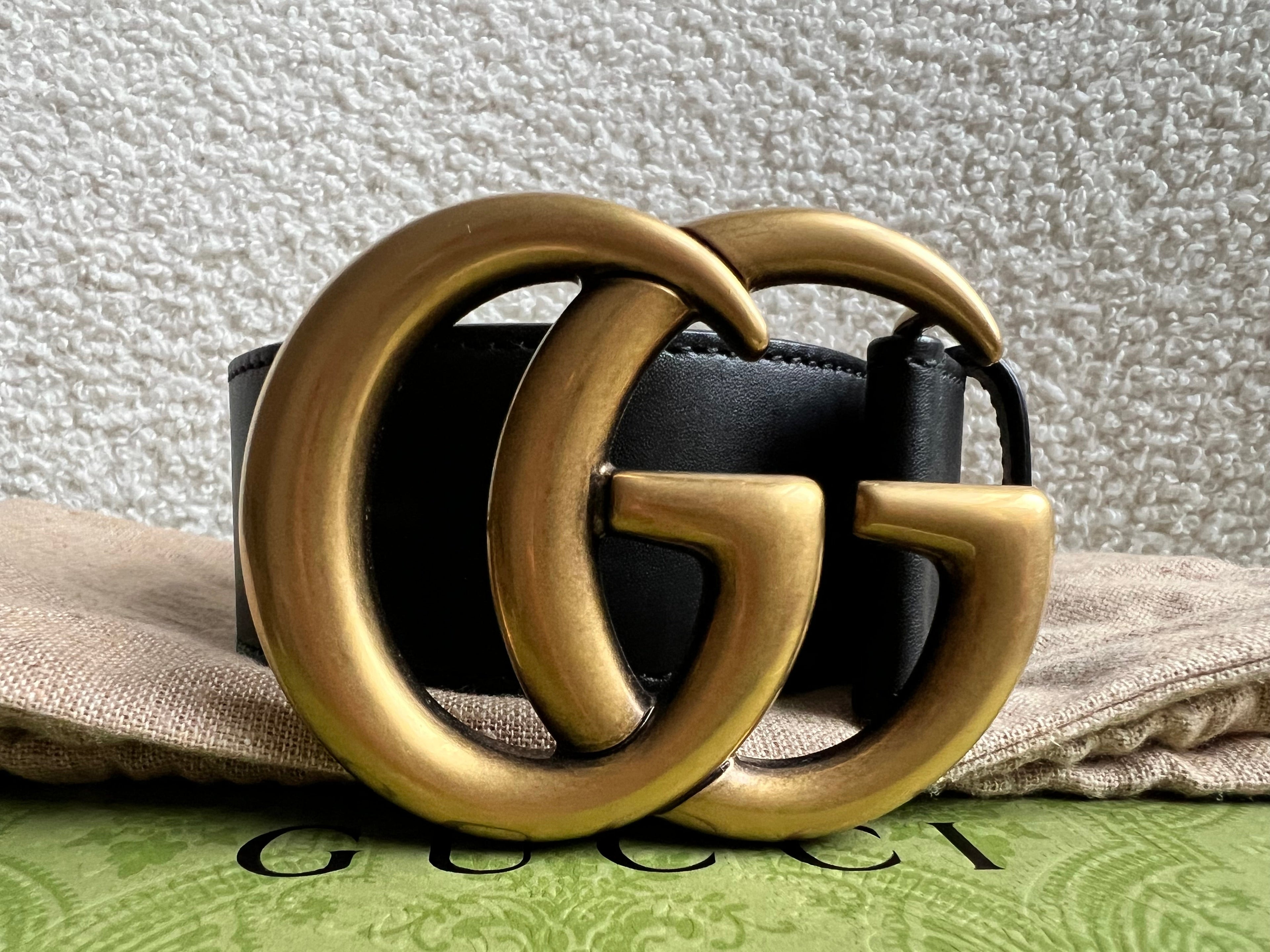 Gucci GG Marmont Black Wide Leather Belt with Shiny Gold Buckle (RRP £410)