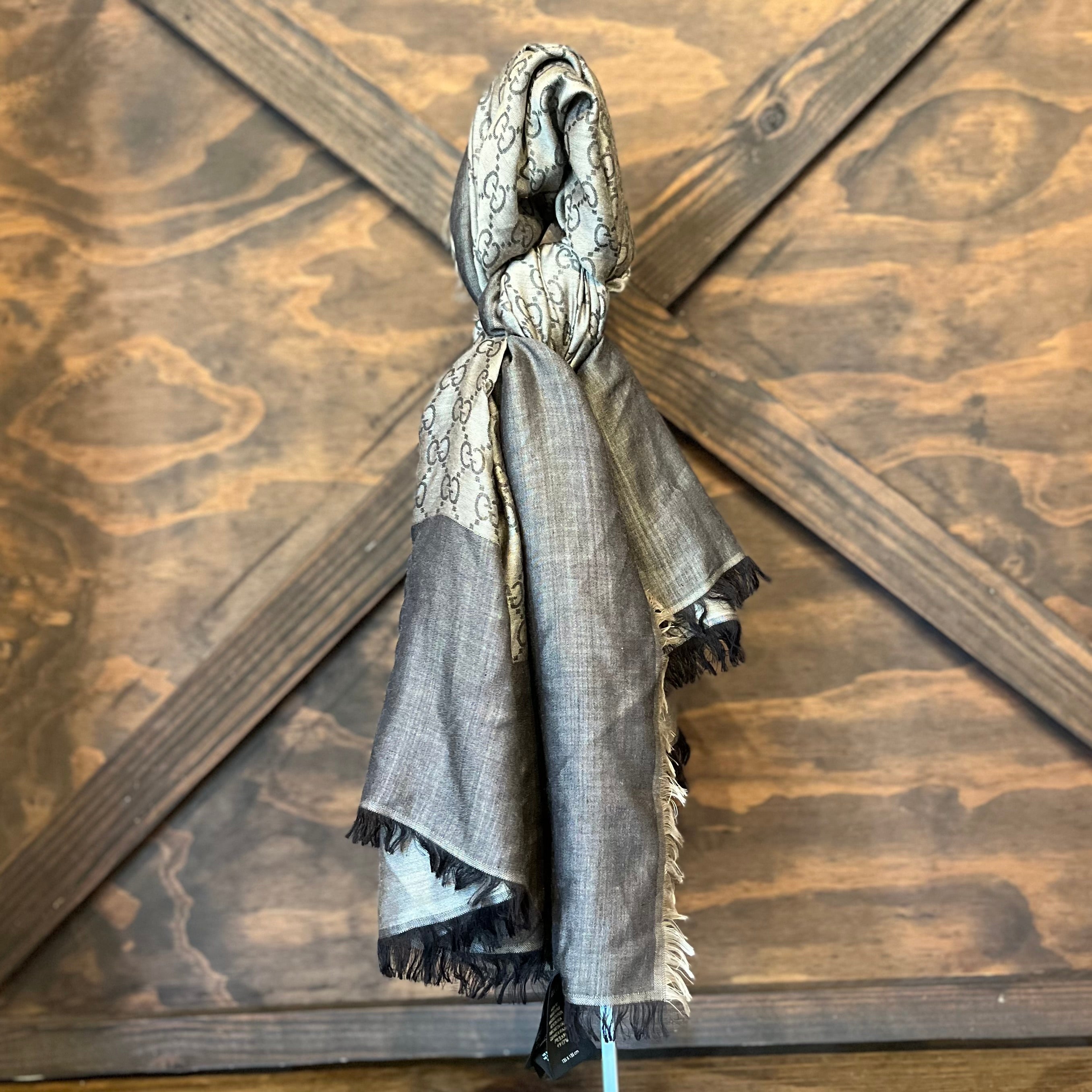 GUCCI Dark Gray Metallic GG Monogram Silk & Wool Blend Scarf Shawl
