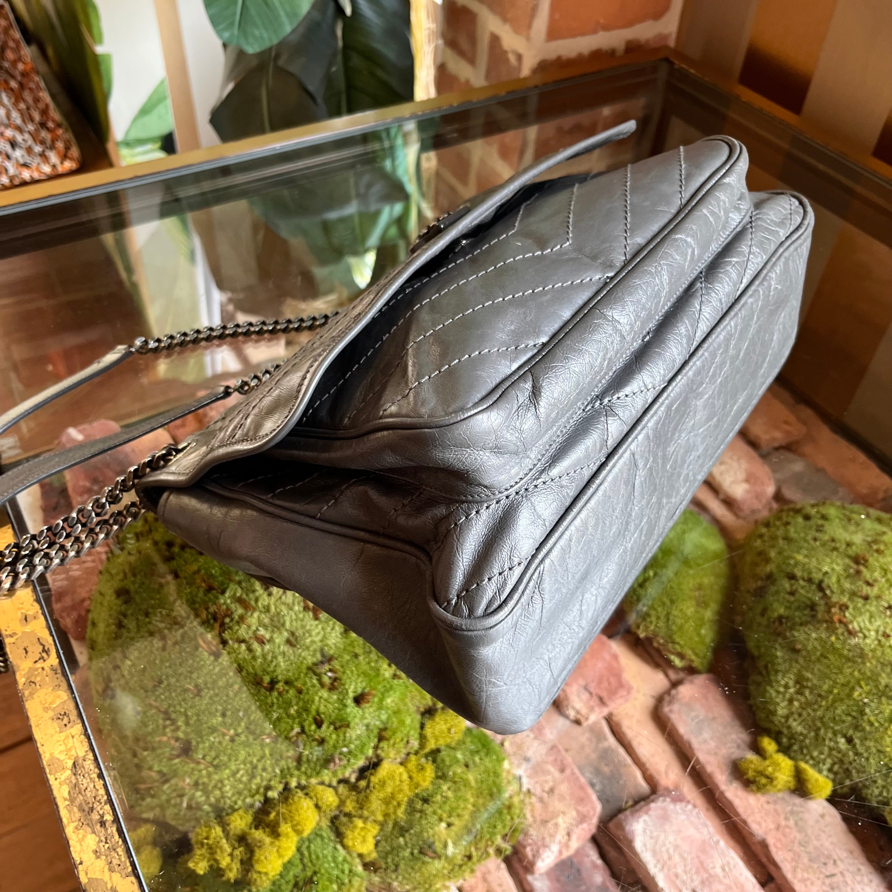 SAINT LAURENT Medium Niki Grey Quilted Crinkled Leather Shoulder Bag