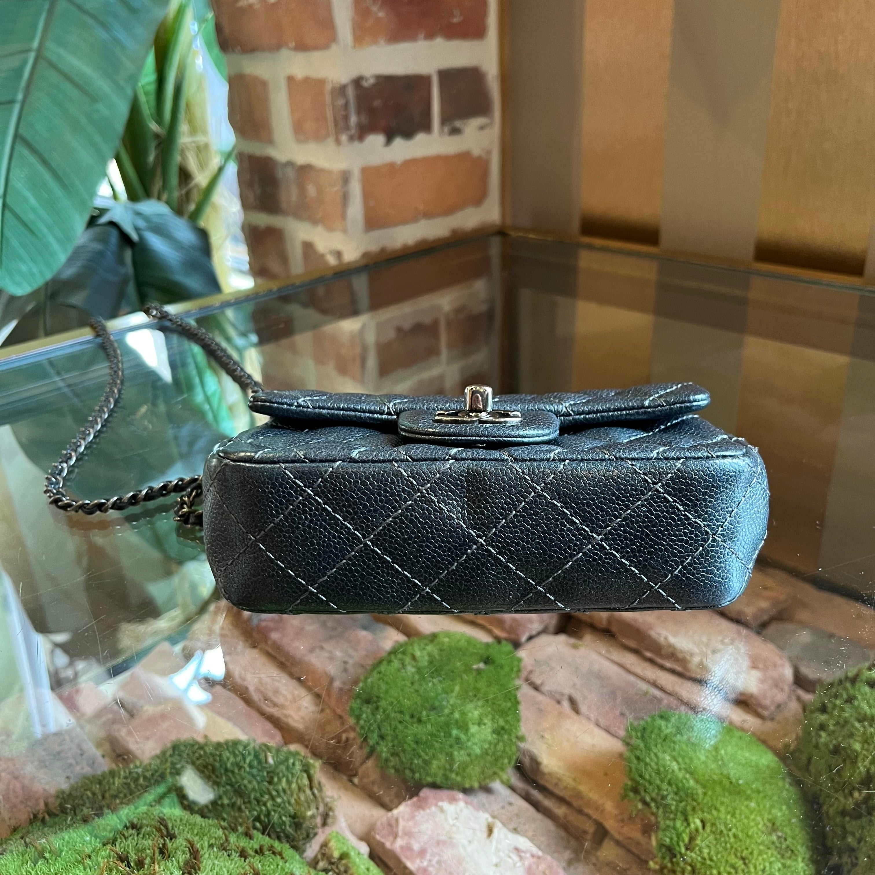 CHANEL Extra Mini Flap Metallic Blue Caviar Leather Rectangle Shoulder Bag