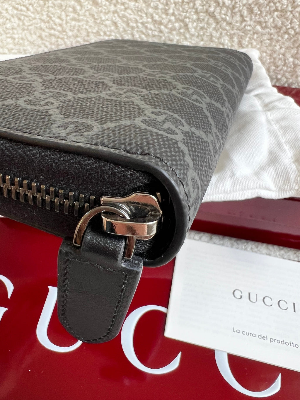 Gucci Black Grey GG Canvas zip around wallet
