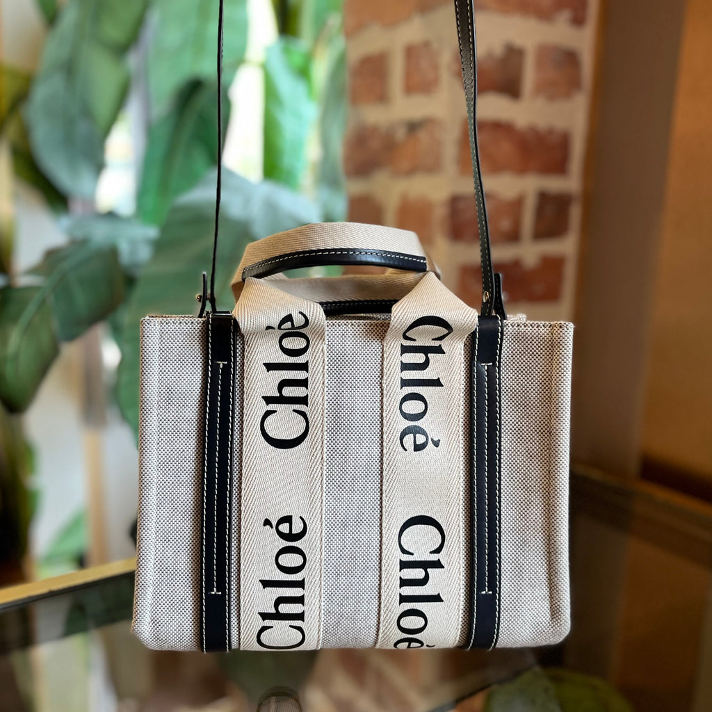 CHLOE Woody Logo Strap Linen Tote
